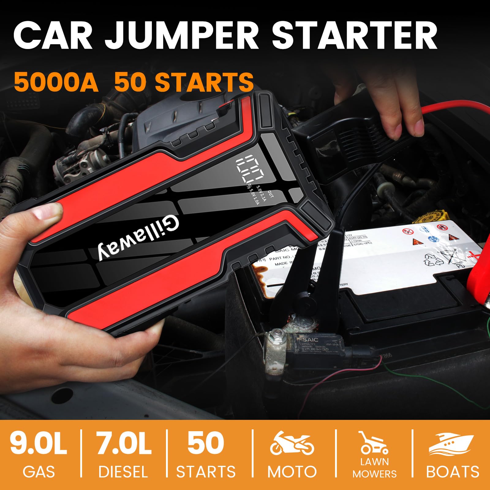 016 Jump Starter 5000A Peak, Jump Starter Battery Pack Up To 50 Jump Starts, 12V Jump Box For Car Battery, Up To 9.0L Gas And 7.