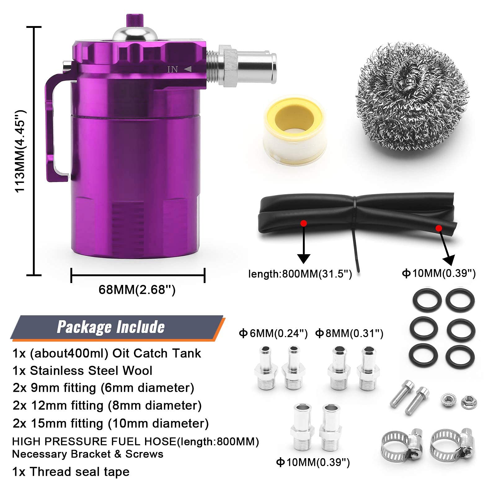 Muge Racing Universal Oil Catch Can Tank Kit Polish Baffled Reservoir With Breather Filter With 3/8'' Fuel Line, Aluminum, Purpl