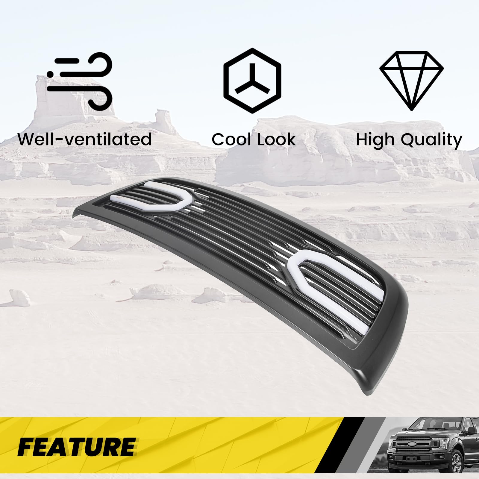 Kuafu Front Hood Bumper Grille Grill W/Replacement Shell Led Lights Compatible With 2010 2011-2018 Dodge Ram 2500 3500 4500 Big Horn Horizontal Style Bumper Grill Abs