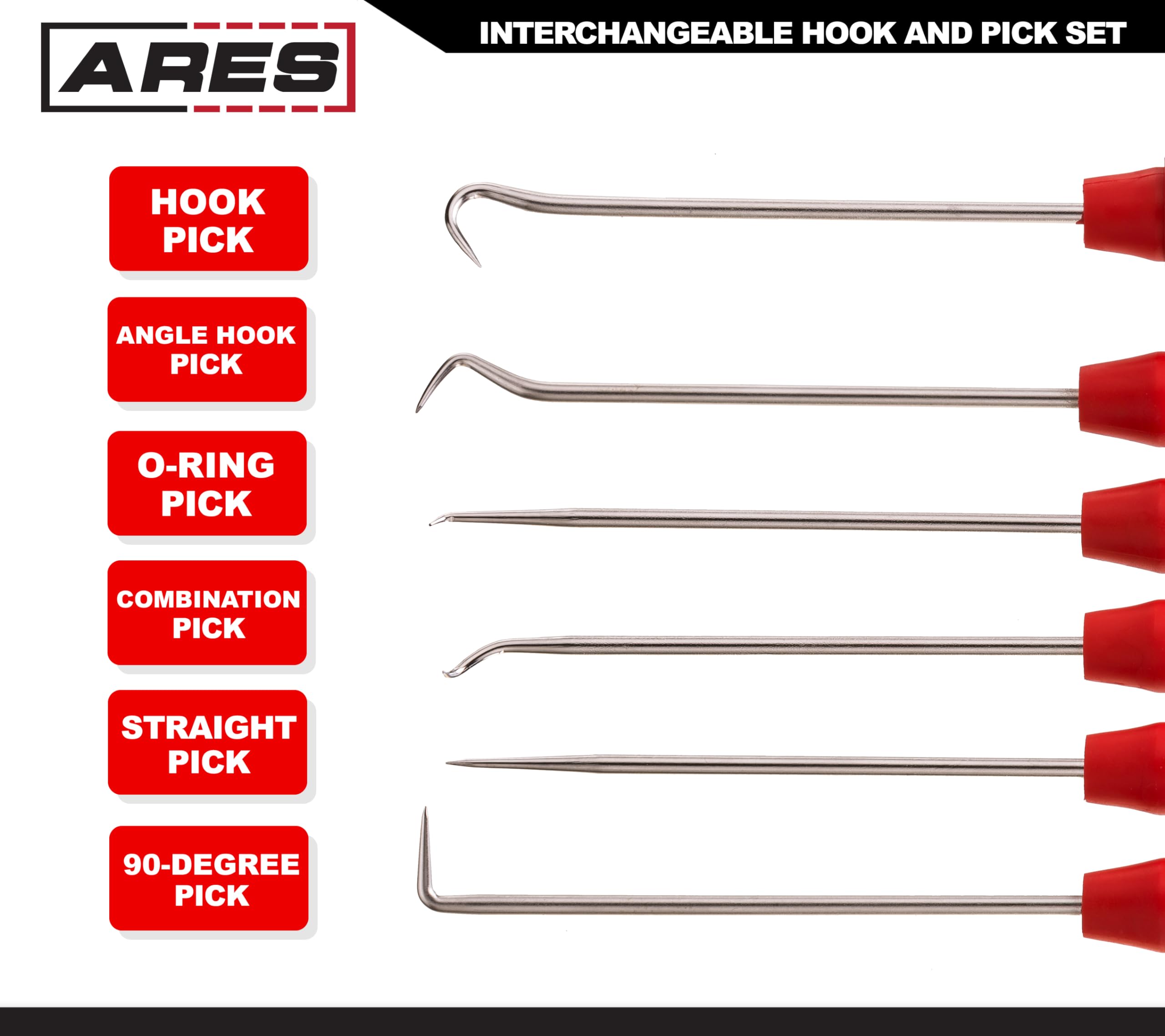Ares 70255 - Interchangeable Hook And Pick Set - 6-Piece Set Includes Convenient Storage Pouch - Chrome Vanadium Steel Shafts -