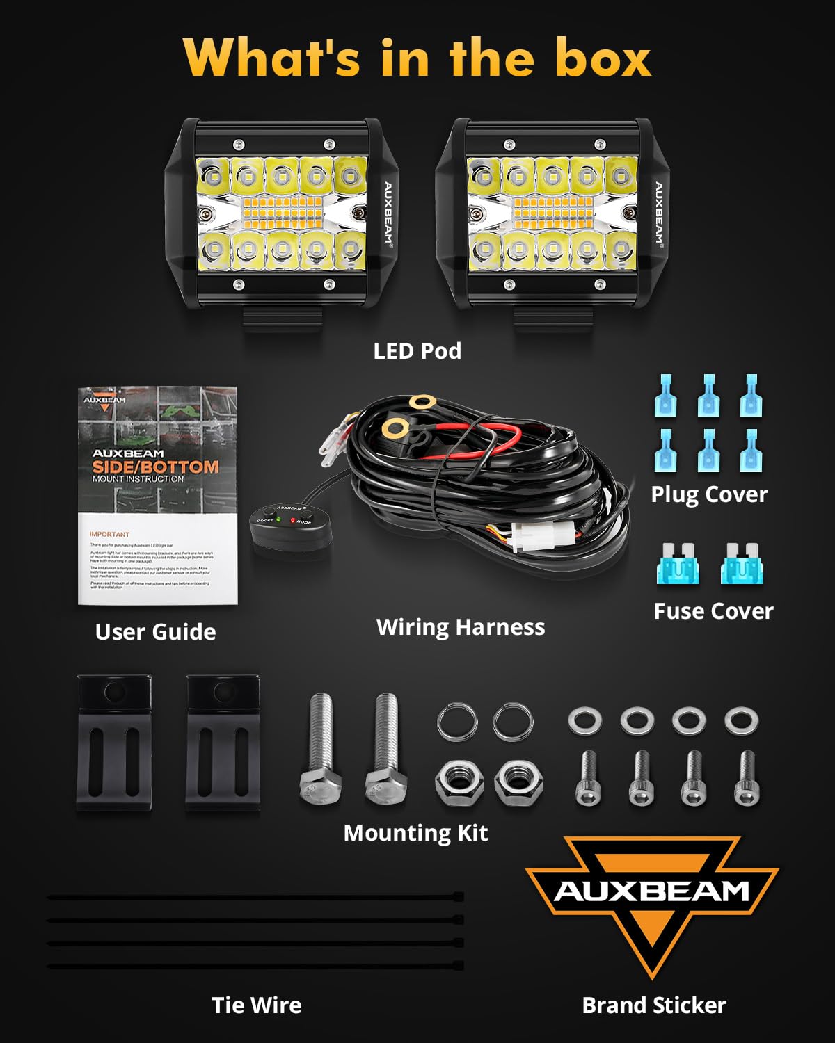 Auxbeam 6 Modes Amber White Series 4 Inch 120W Strobe Led Pod Lights Dual Color Auxiliary Offroad Light Bar Spot Flood Combo Fla