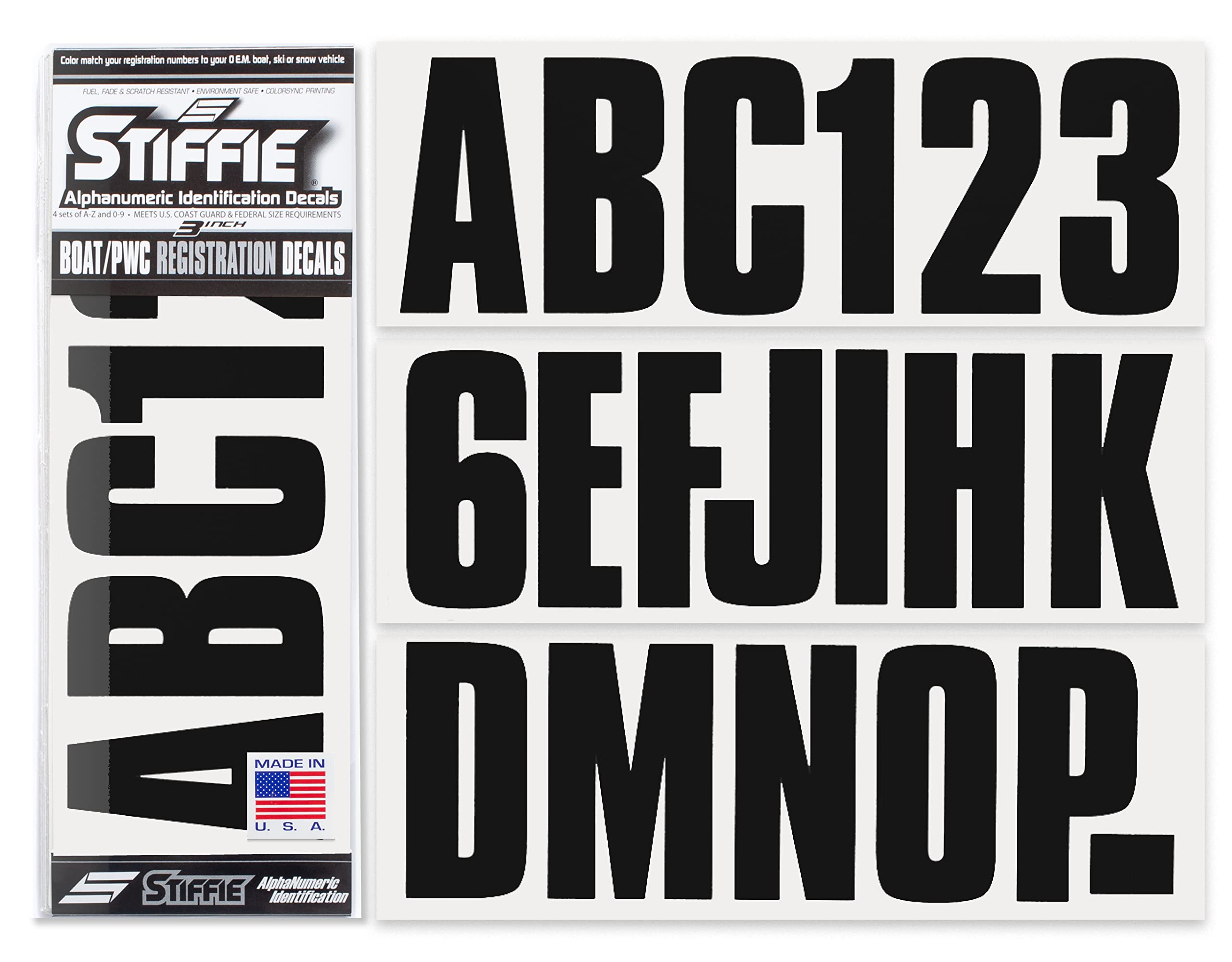 STIFFIE Uniline Black 3'' Boat & PWC Registration Decals  Numbers Letters Stickers