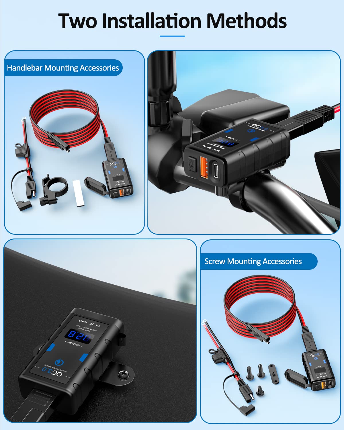 EXTRACTME Motorcycle USB Charger, Upgraded 6.4A Quick Charge 3.0 & Type C PD Dual Phone Charger with Voltmeter, Waterproof Motor