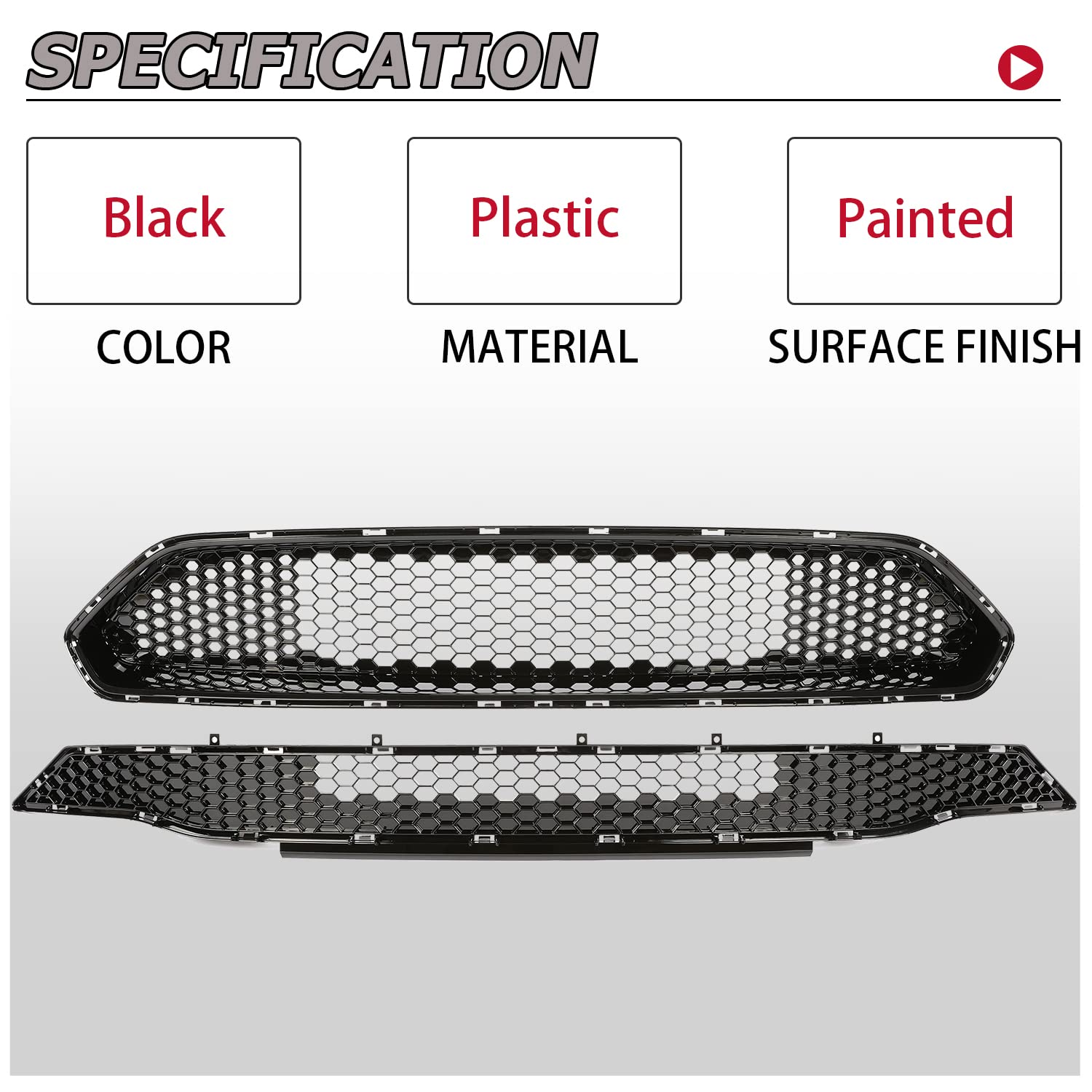 HECASA Upper + Lower Grille Compatible with 2018-2023 Ford Mustang Black Honeycomb Style Bumper Grill