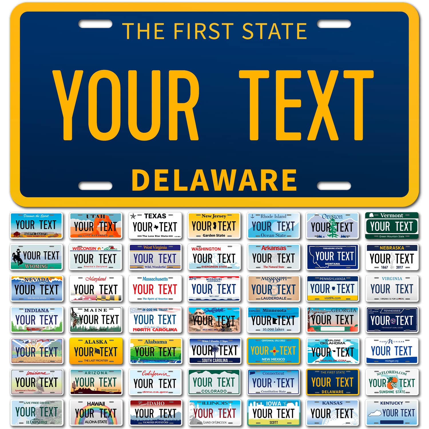 Custom Delaware License Plate, Personalized 50 States Fake License Plate For Front Of Car Sign 6X12 Inches, Rust Free .040 Aluminum, Fade Resistant, Made In Usa By Sigo Signs