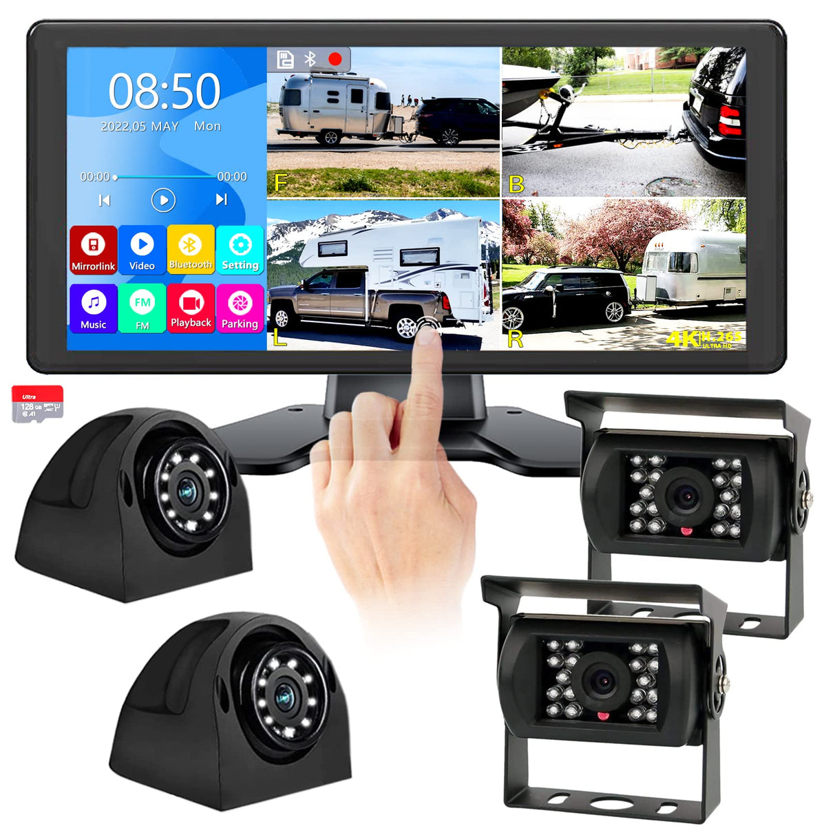 Rvinwest 4K Rv Camera System, Touch Screen 10.36 Inch Dvr Quad 4 Split Screen Monitor With Bluetooth Mp3 Mp4 + Ip69 Night Vision