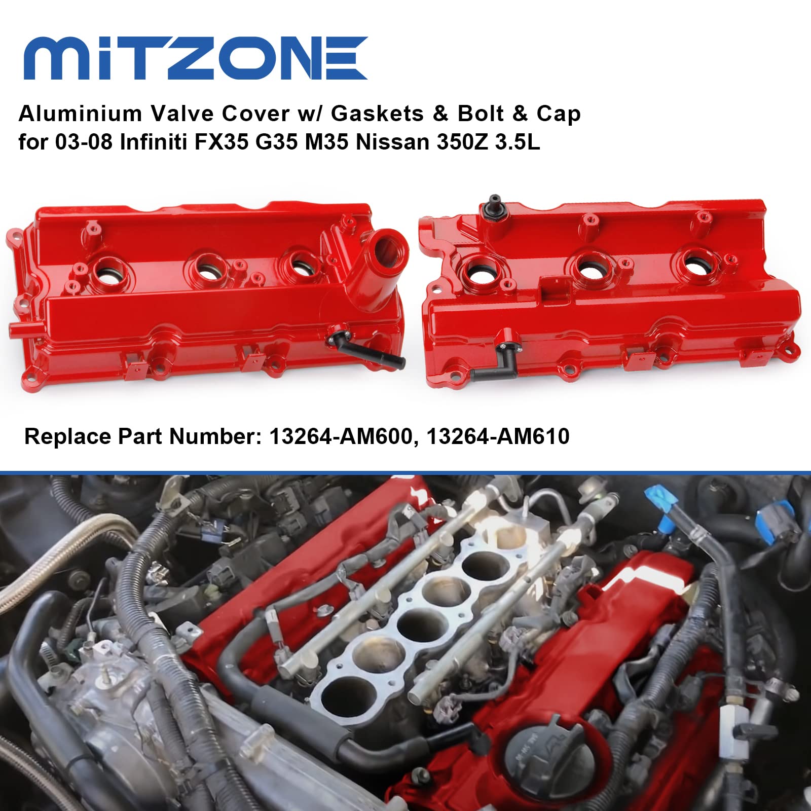 MITZONE Aluminum Valve Covers for 2003-2008 Nissan 350Z & Infiniti G35, FX35 - Upgraded Red, Models 13264AM600/13264AM610