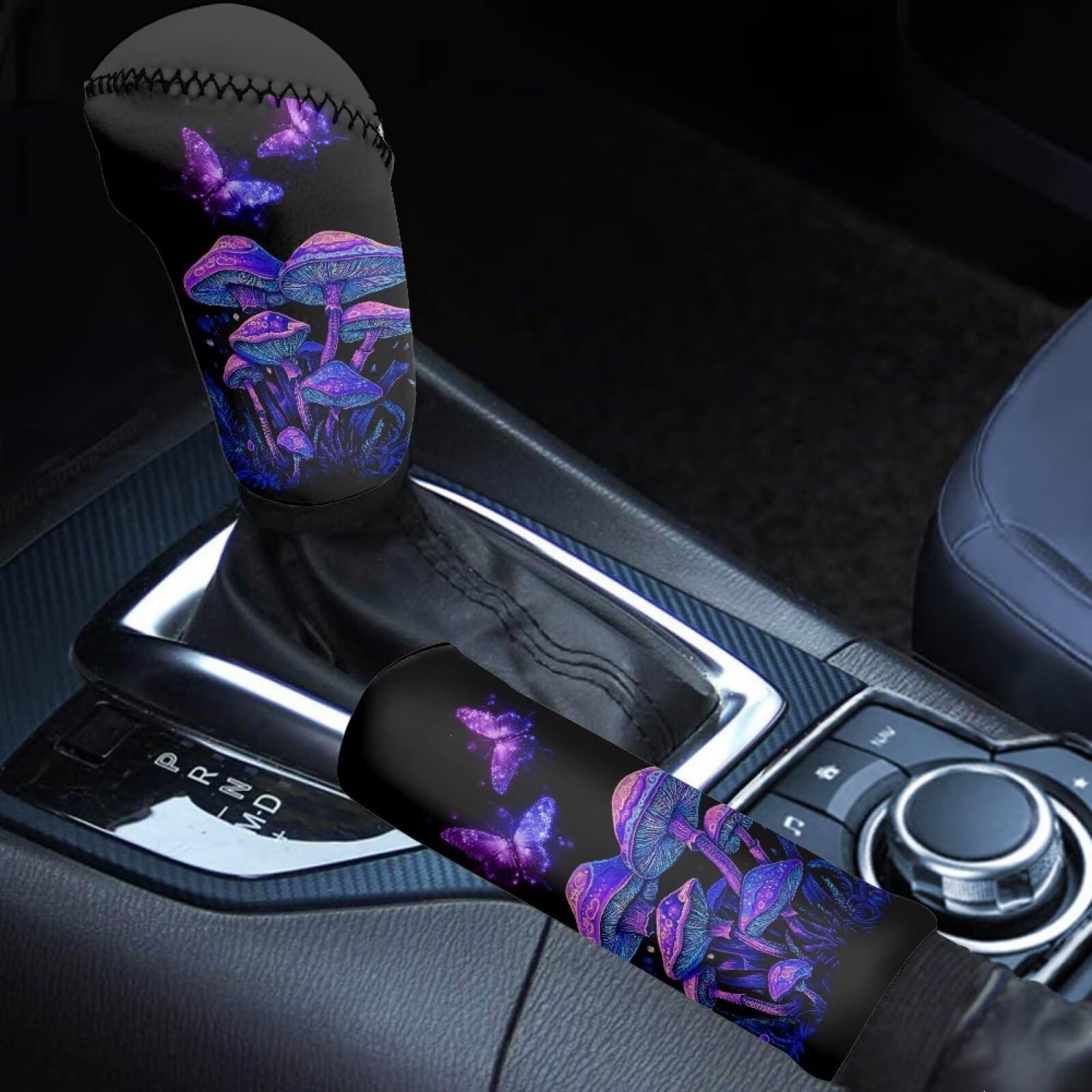 STUOARTE Mushroom Butterfly Printed 2 Piece Car Handbrake Cover Gear Shift Cover Sets, Soft Elastic Car Handbrake Cover with Shi