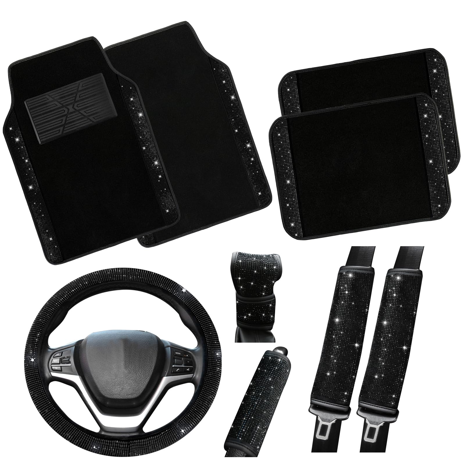 Valleycomfy Bling Steering Wheel Cover, Waterproof Diamond Floor Mats Sparkling 9-Pack Rhinestone Car Accessories For Women (Bla