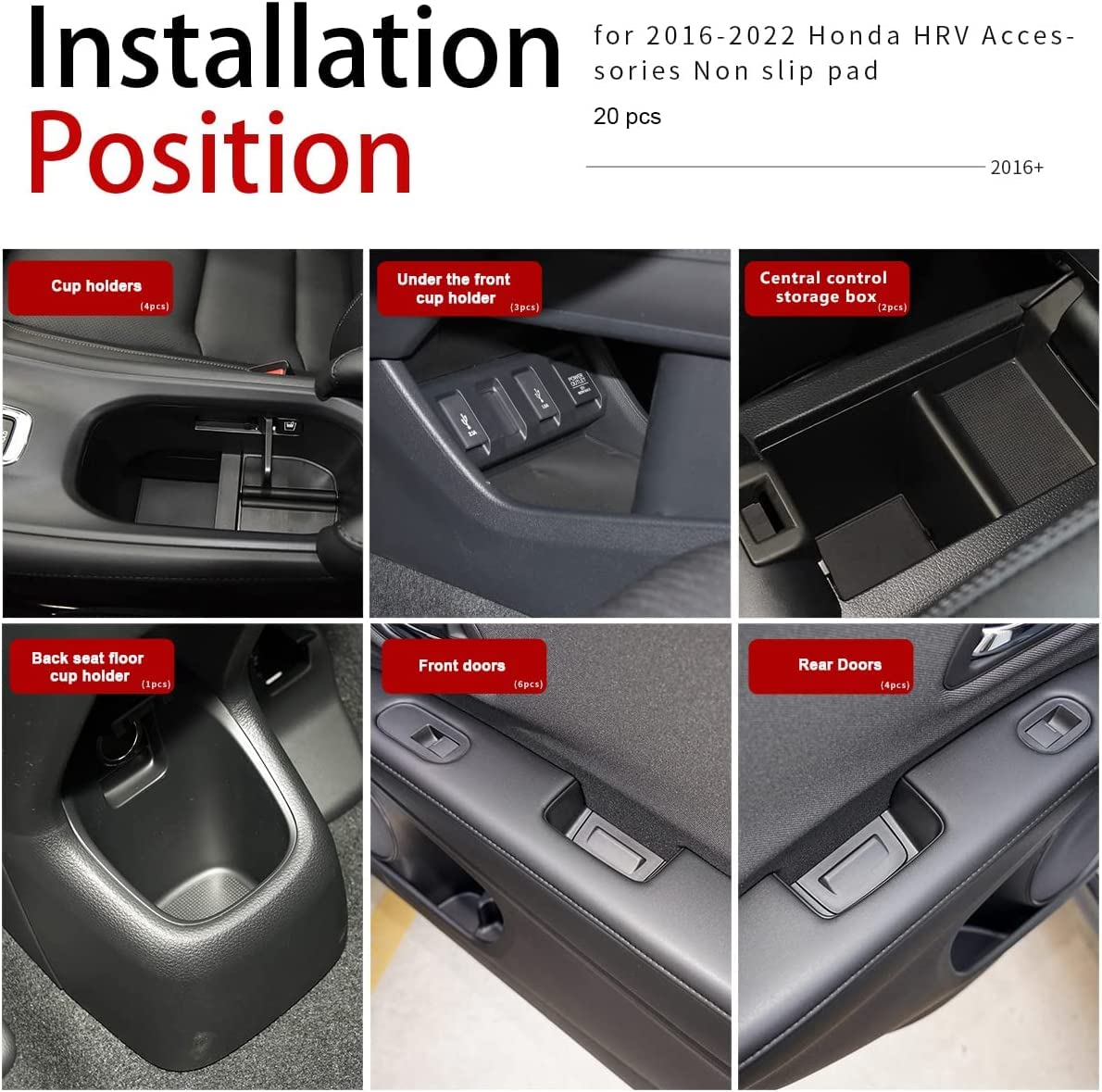 Auovo Anti Dust Cup Holder Insert Liners For Honda Hrv Accessories 2016 2017 2018 Door Pocket Center Console Interior Mats (Black Trim)