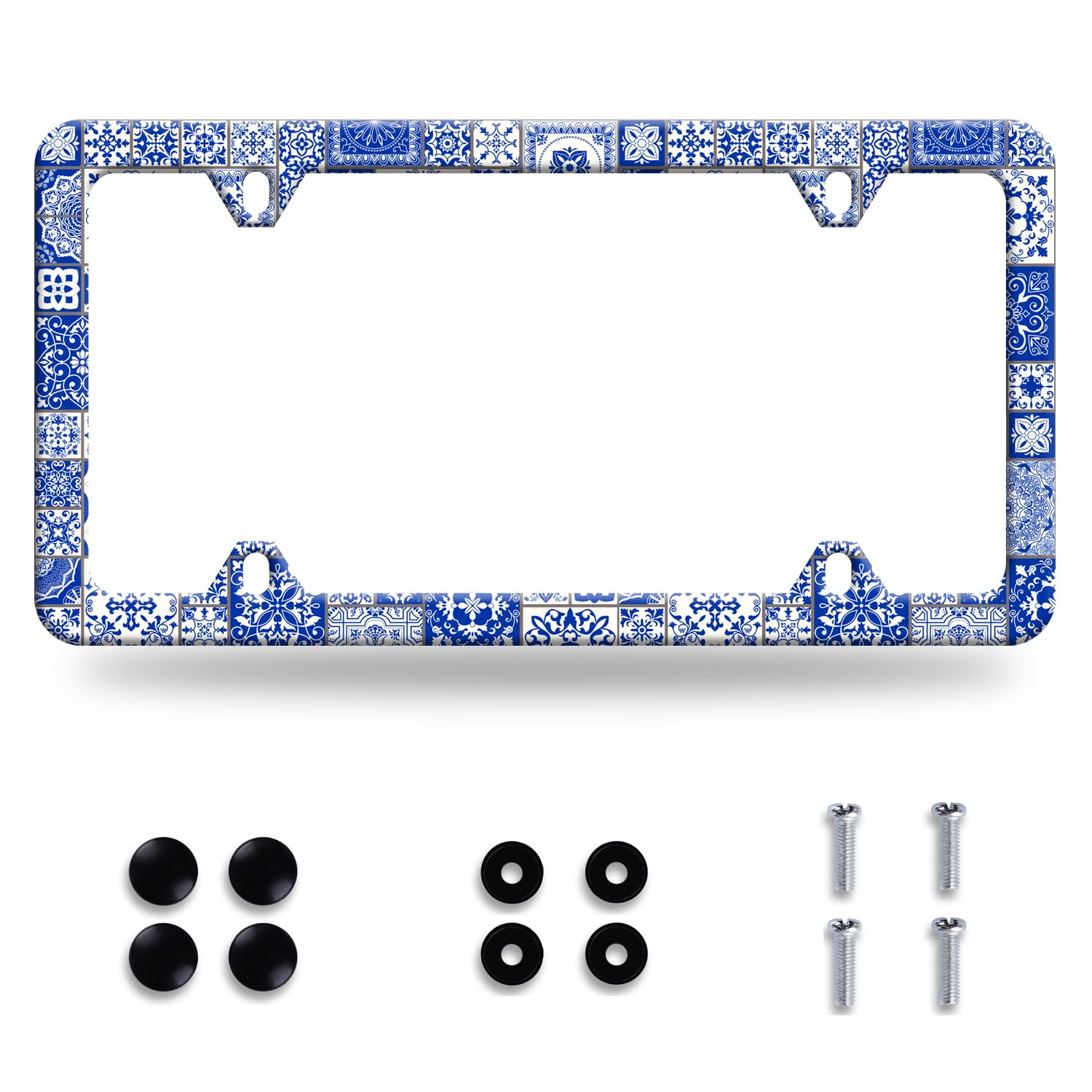 Blue and White Mexican Tiles License Plate Frame Beautiful Boho Mandala Tiles License Plate Stainless Steel Funny Auto Parts Col