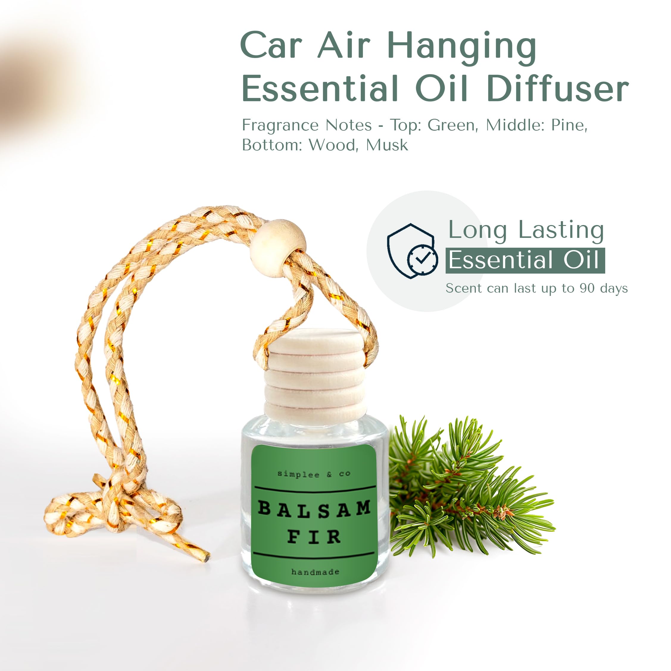 Balsam Fir Car Air Hanging Essential Oil, Car Air Freshener Diffuser, Long Lasting Essential Oils, Aromatherapy Vehicle Diffuser