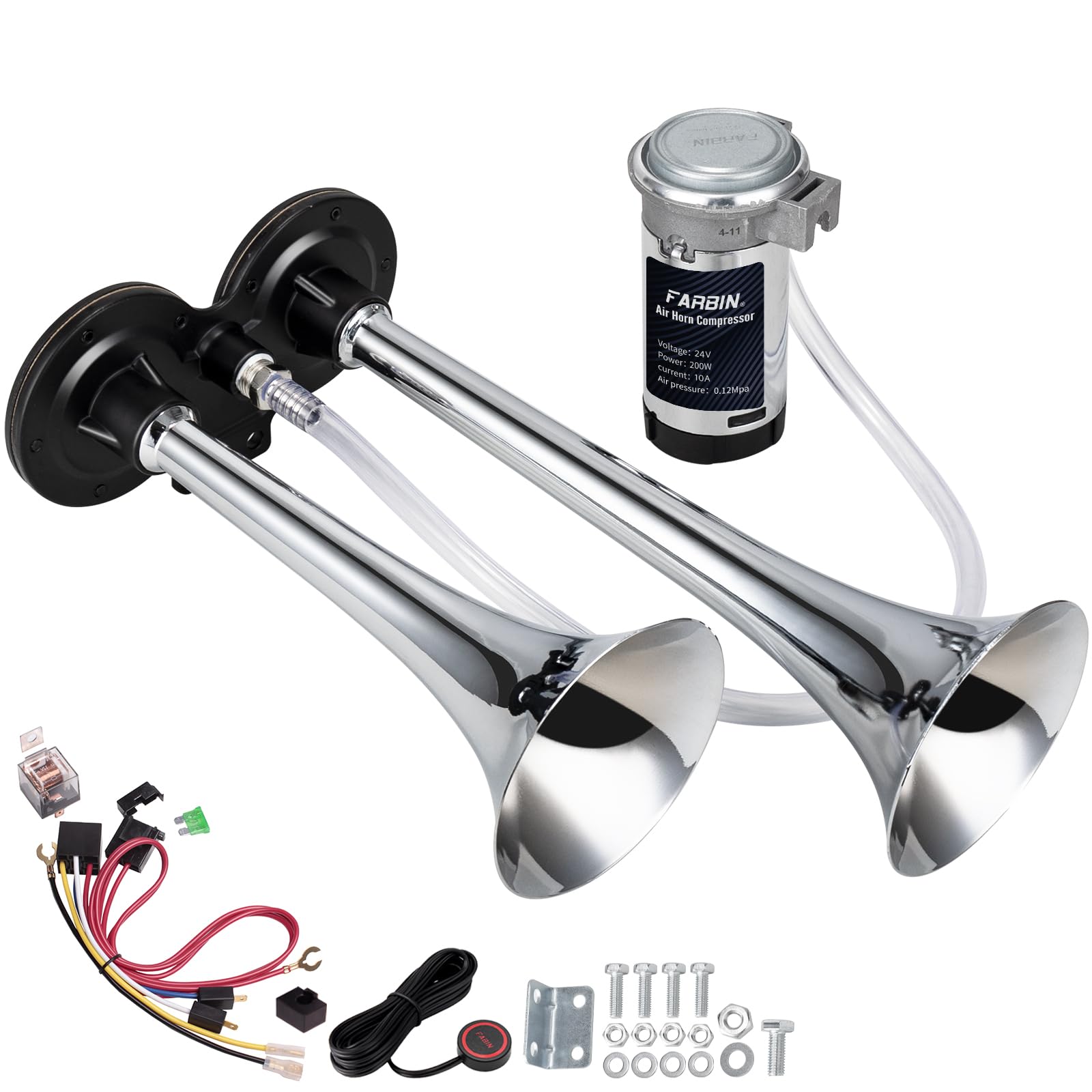 Farbin Air Horn 24V Super Loud Car Horn, Chrome Zinc Dual Trumpet With Compressor, Wire Harness And Switch, For Any 24V Vehicles