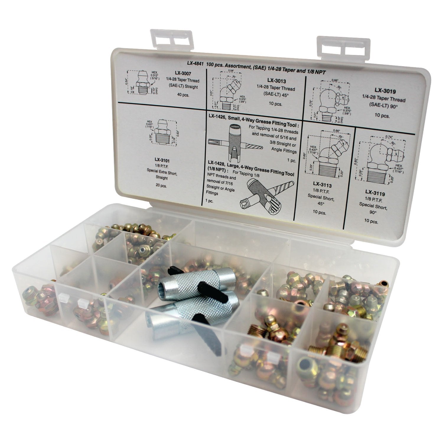 Lumax Lx-4841 Gold/Silver (Sae) 1/4''-28 Taper And 1/8'' P.T.F. 100 Piece Grease Fitting Assortment. Designed To Meet The Demand