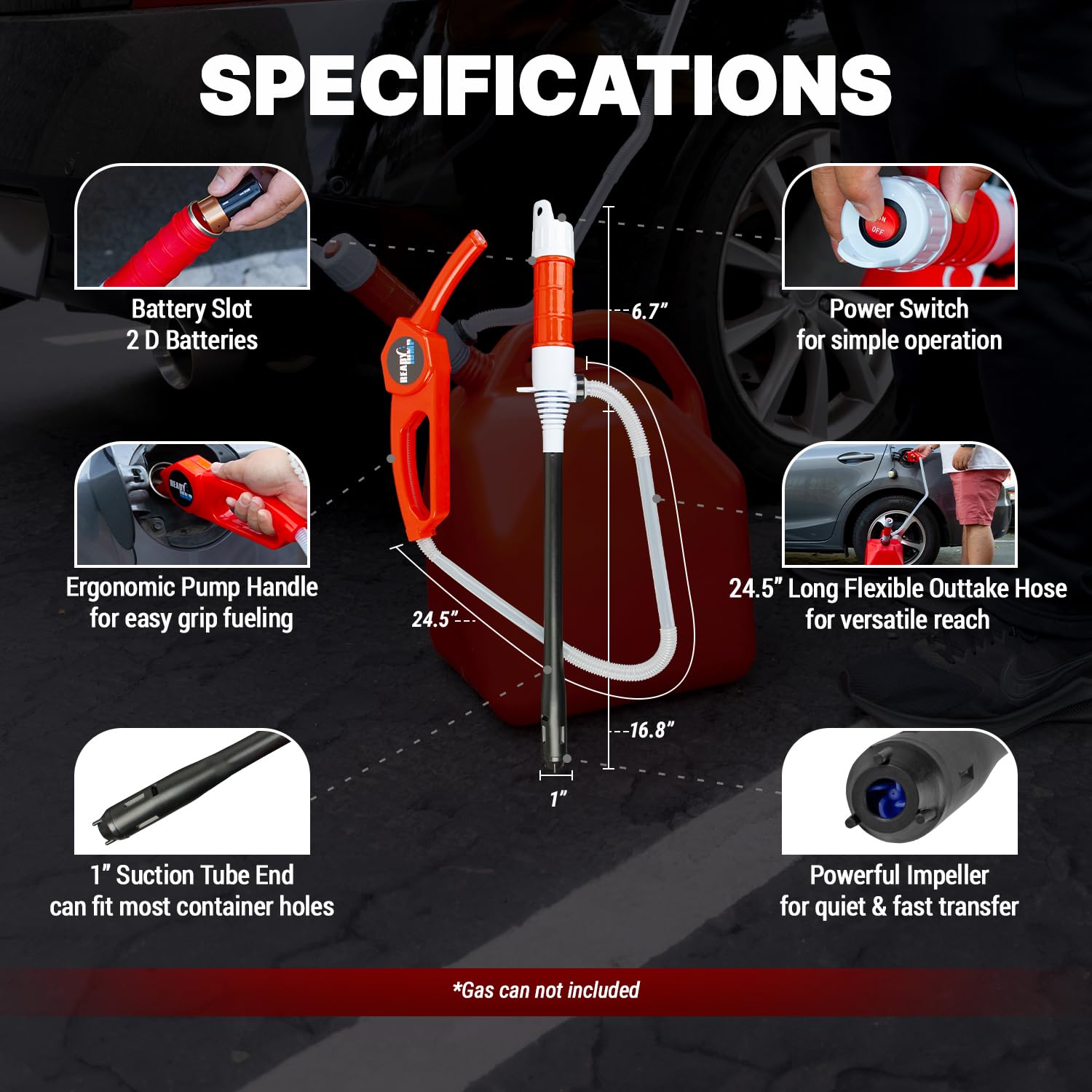 TERA PUMP - 2pk Battery Powered Transfer Pump for Fuel and Water w/Ergonomic Nozzle Handle, Fits All Size Cans, Transfer at 1.8