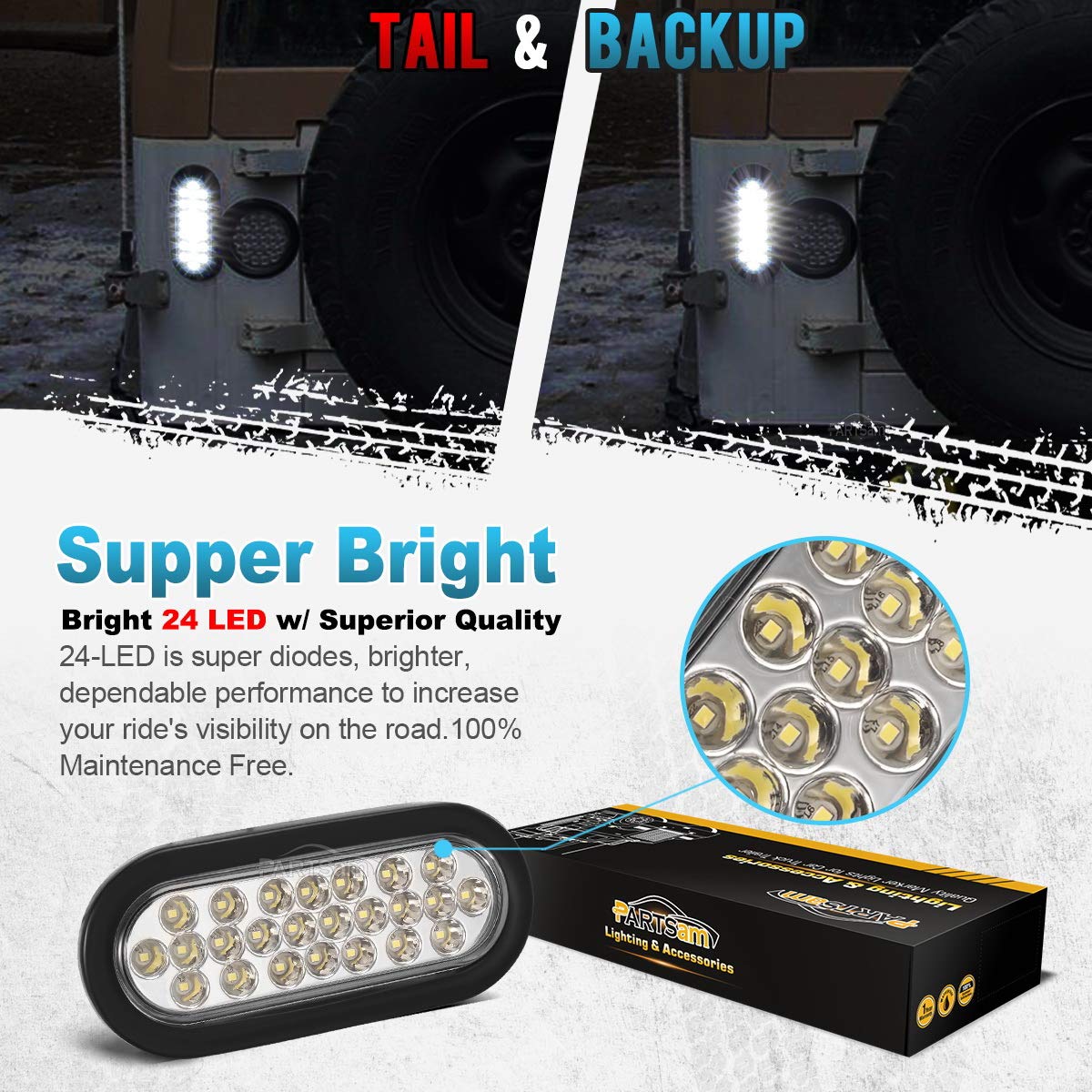 Partsam 2X Oval Clear Lens White Stop Turn Tail Backup Reverse Fog Lights Lamps Rubber Flush Mount 6'' 24 Led For Truck Trailer