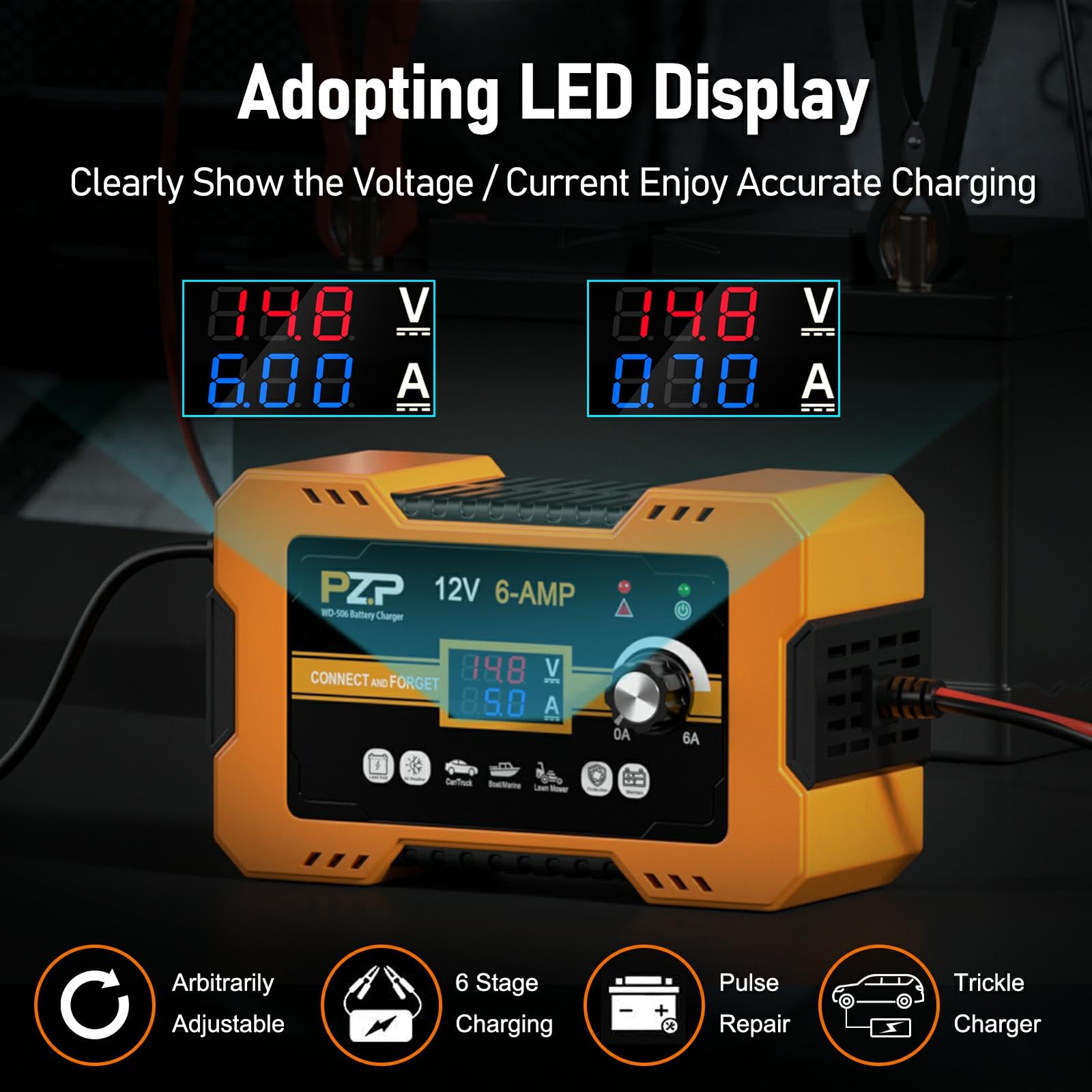 Pz.P 12V Automatic Car Battery Charger, 0-6A Arbitrarily Adjustable Smart Trickle Charger, Auto Desulfator With Battery Repair,
