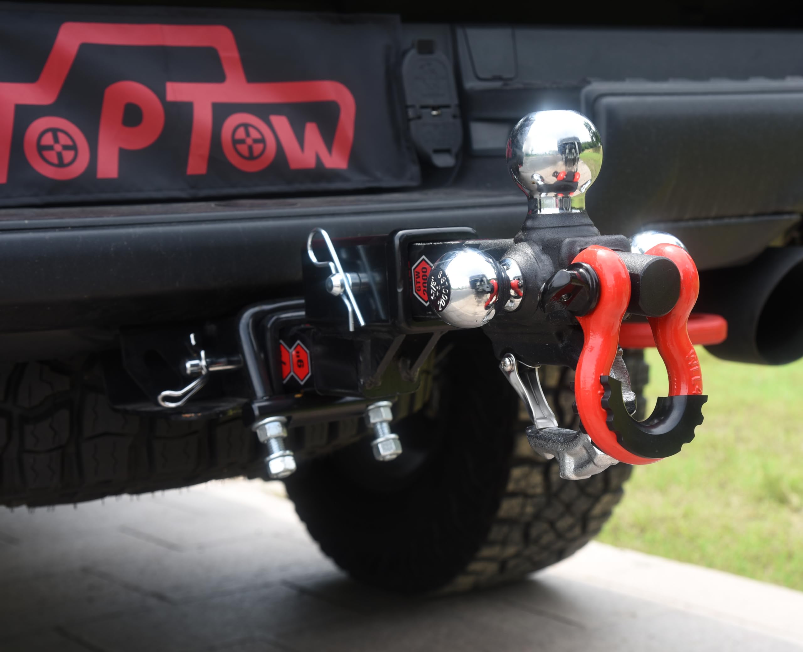 TOPTOW Trailer Hitch with Grey Recovery Shackle Ball Hitch Mount w/Chrome Triple Tow Ball, 2-in Shank, Multi Fit for 2 inch Trai