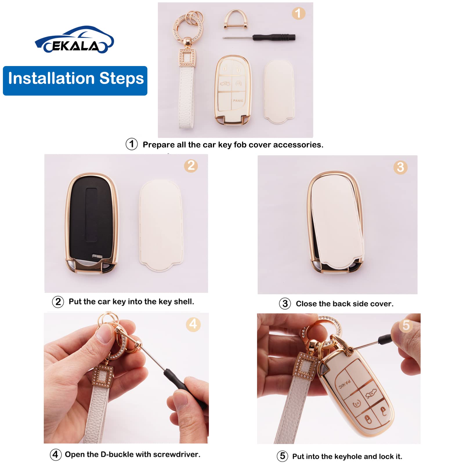 EKALA for Key Fob Cover with Leather Key Fob Keychain, 5 Buttons Soft TPU Keys Shells White Key Fob Cover Compatible with Grand