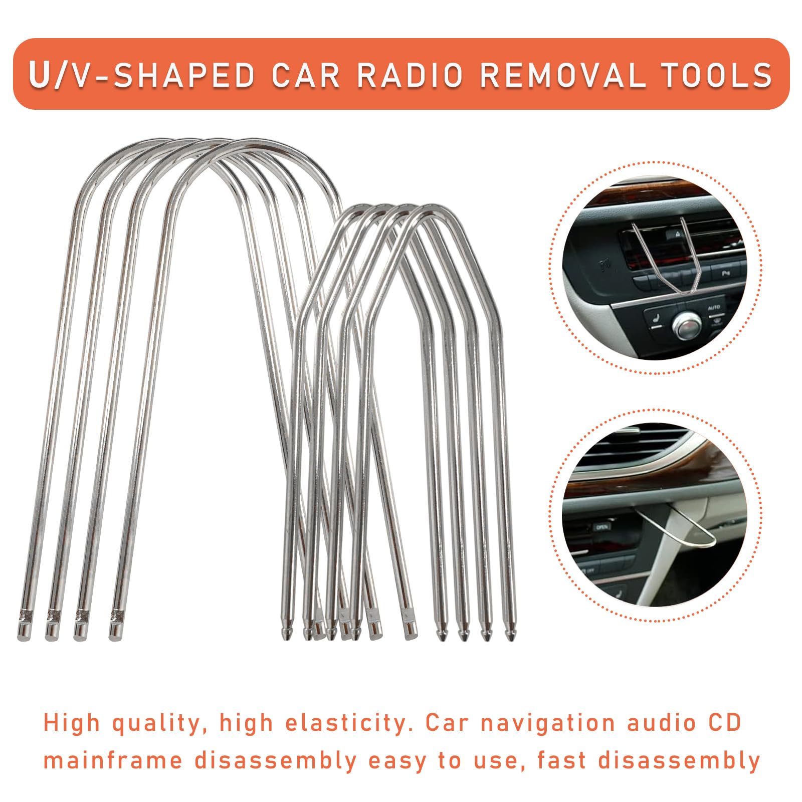 Dickno 4 Pcs Car Radio Removal Pry Tool, U/V-Shaped Stainless Steel Auto Stereo Release Tool Kit, Universal Radio Remover For Di