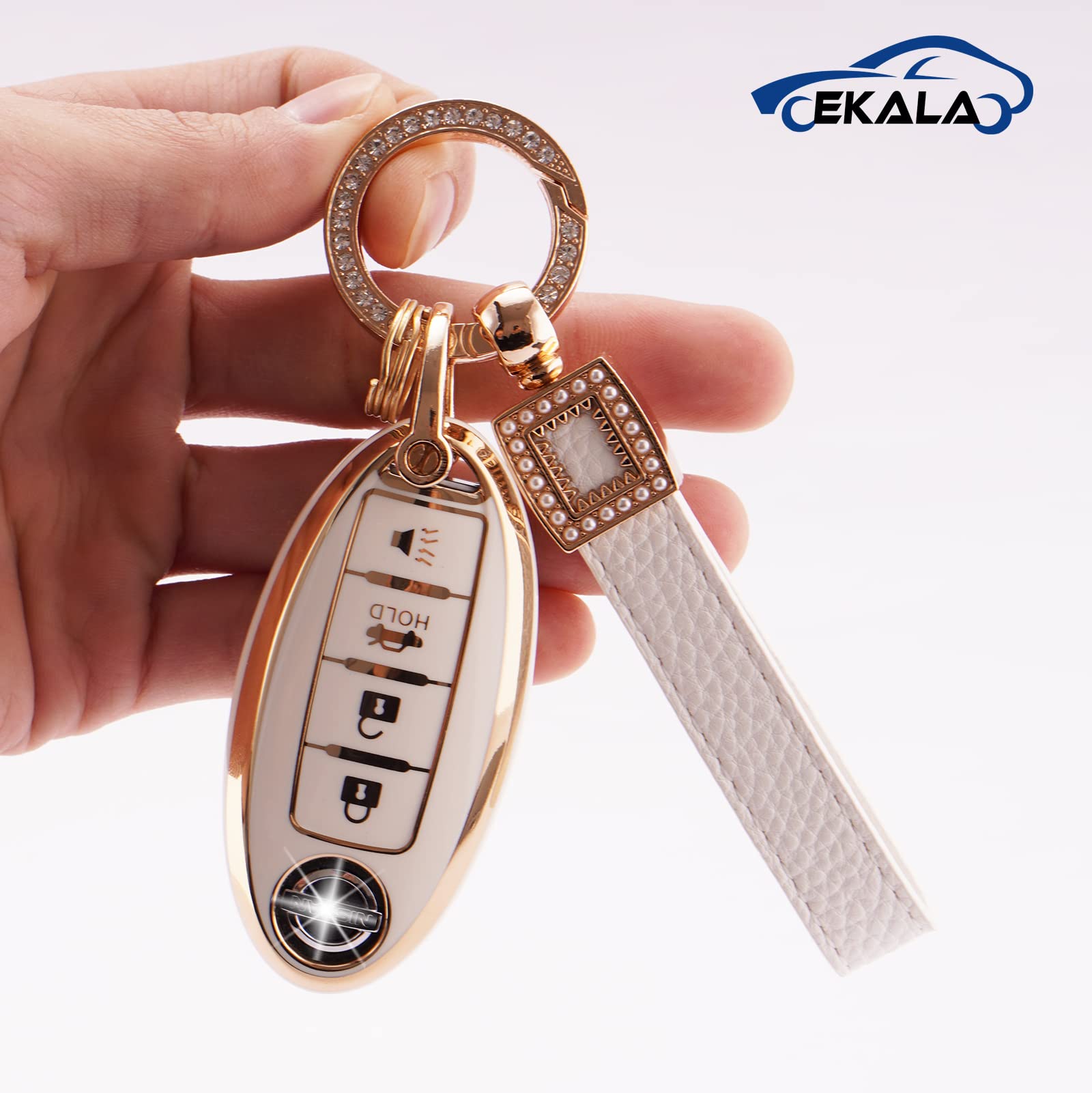 EKALA for Nissan 4-Button Key Fob Cover Soft TPU White Case with Leather Lanyard Fit for Altima Armada Maxima Sentra Pathfinder