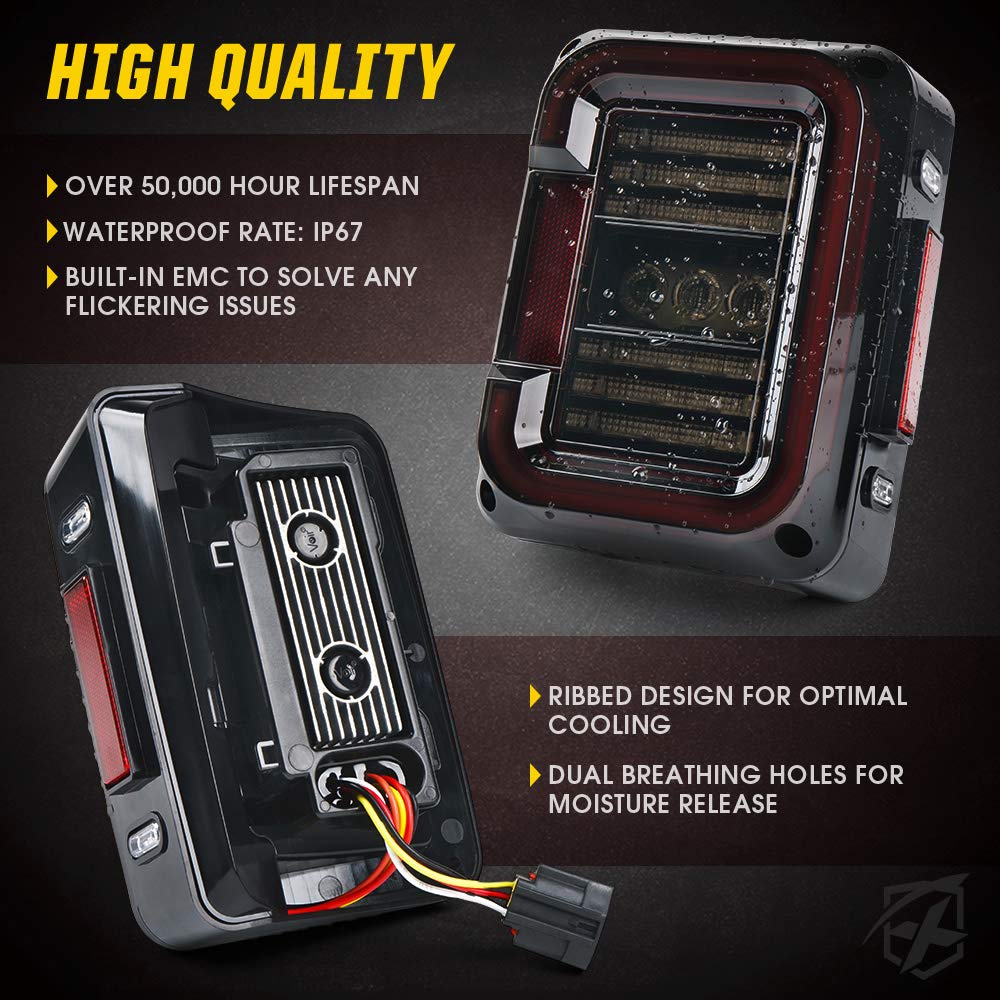 Xprite C-Shaped Led Tail Lights Compatible Jeep Jk Jku Sport/Sahara/Rubicon 07-18 Unlimited | Smoke Lens | Emc | Dot | Running/B