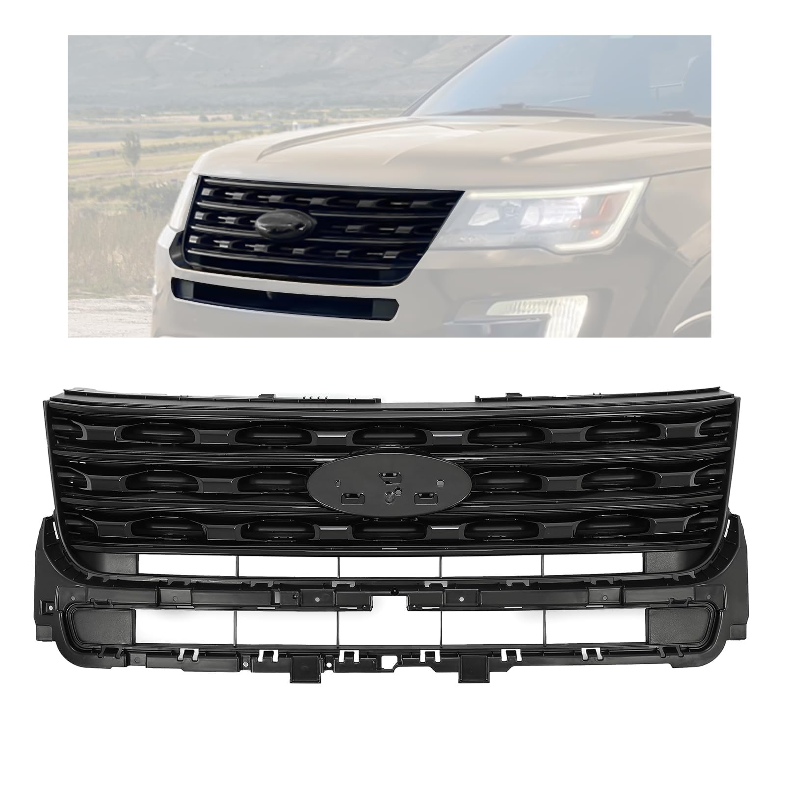 KUAFU Front Bumper Upper Grille Compatible with 2016-2017 Ford Explorer Replacement for FO1200578 FO1200577 FO1200579 Bumper Hoo