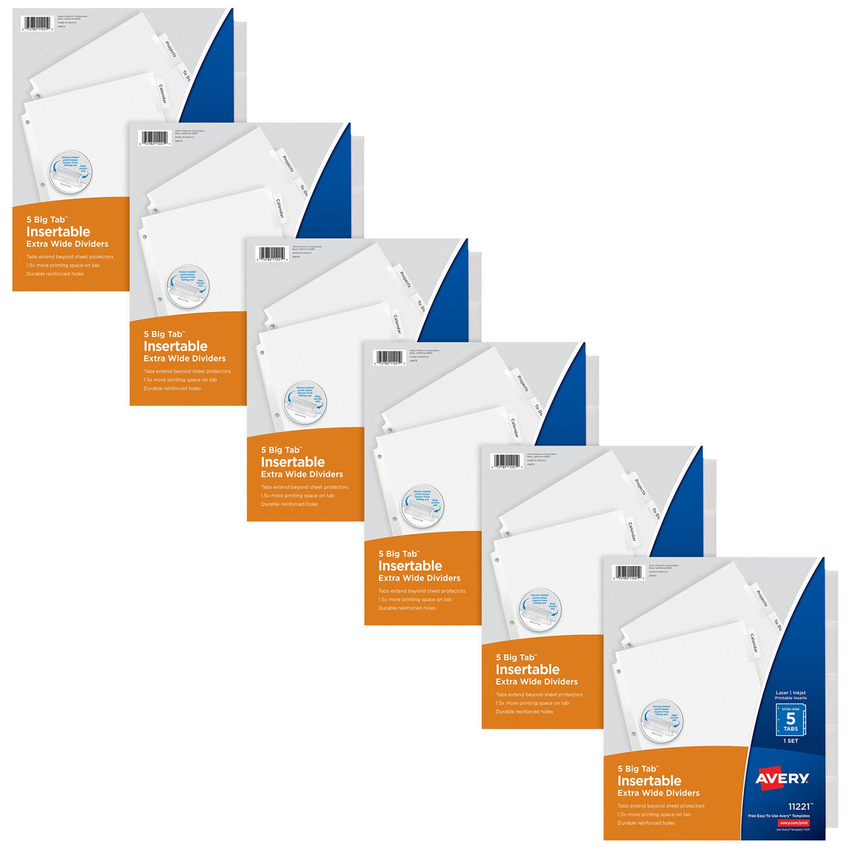 Avery Extra-Wide Big Tab Insertable Dividers For 3 Ring Binders, 5-Tab Sets, White Paper, Clear Tabs, 6 Binder Divider Sets (411