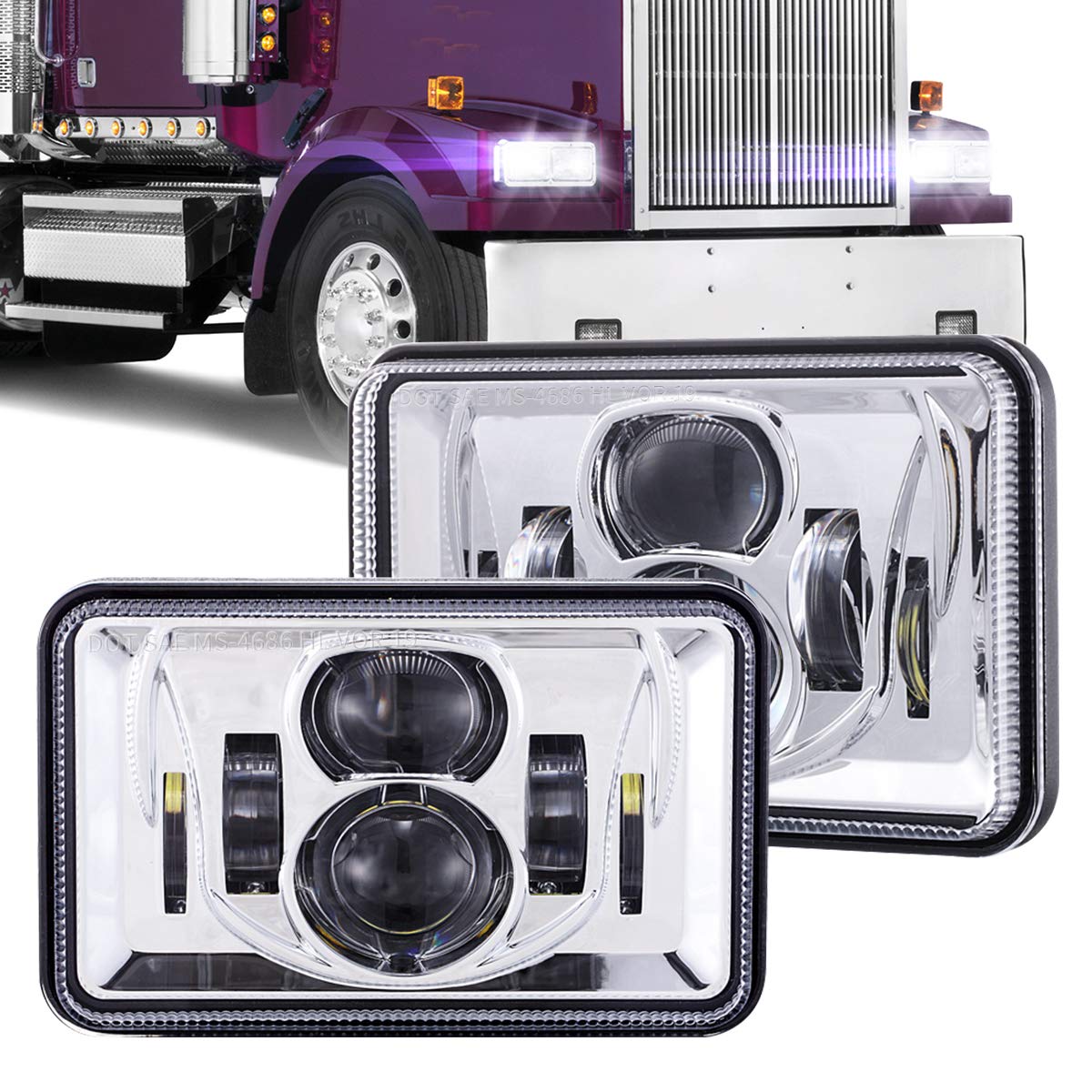 BICYACO 1 Pair 4x6 Inch LED Headlights 60W High Low Beam H4651 H4652 H4656 H4666 H6545 Projector Lens for Peterbil Kenworth Frei