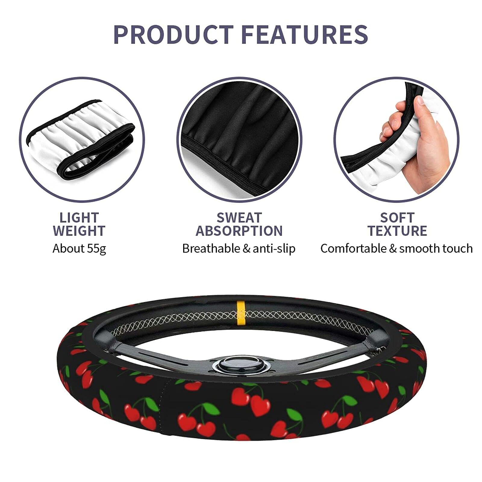 Red Hearts Cherry Steering Wheel Covers Non Slip Neoprene Steering Wheel Protector Universal 15 Inch For Men Women Car Trucks