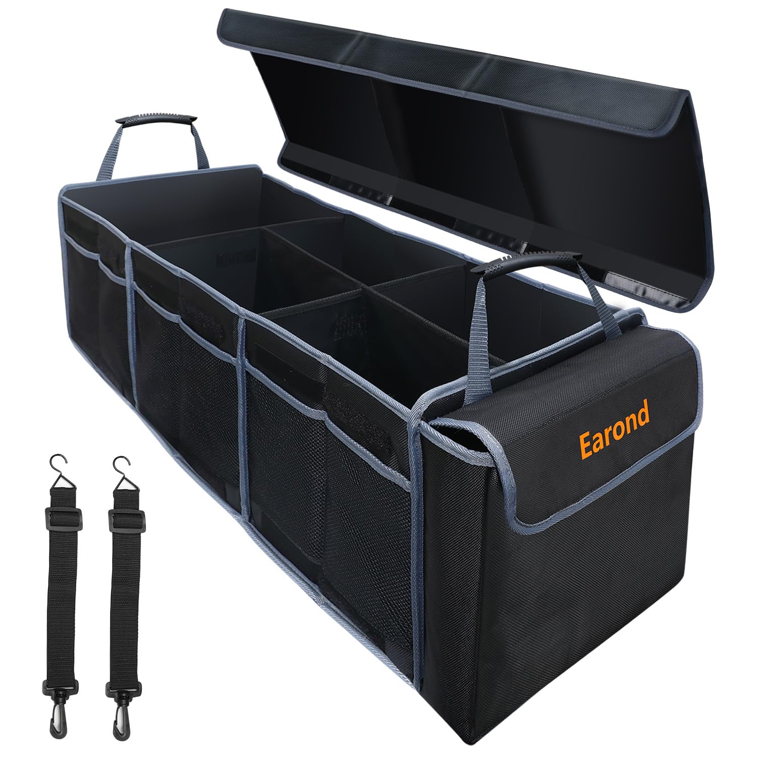 Earond Car Trunk Organizer With Lid,Collapsible Car Storage Organizer With Multi Compartments And Securing Straps For Suv,Sedan,