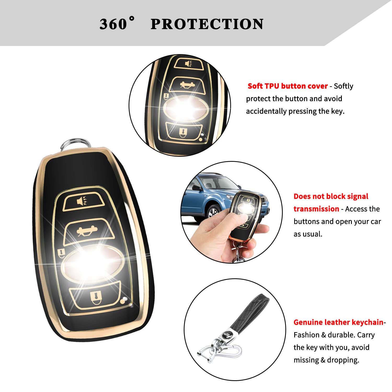 Qbuc For Subaru Key Fob Cover Case With Genuine Leather Keychain For Subaru Forester Crosstrek Ascent Outback Legacy Wrx Etc (Bl