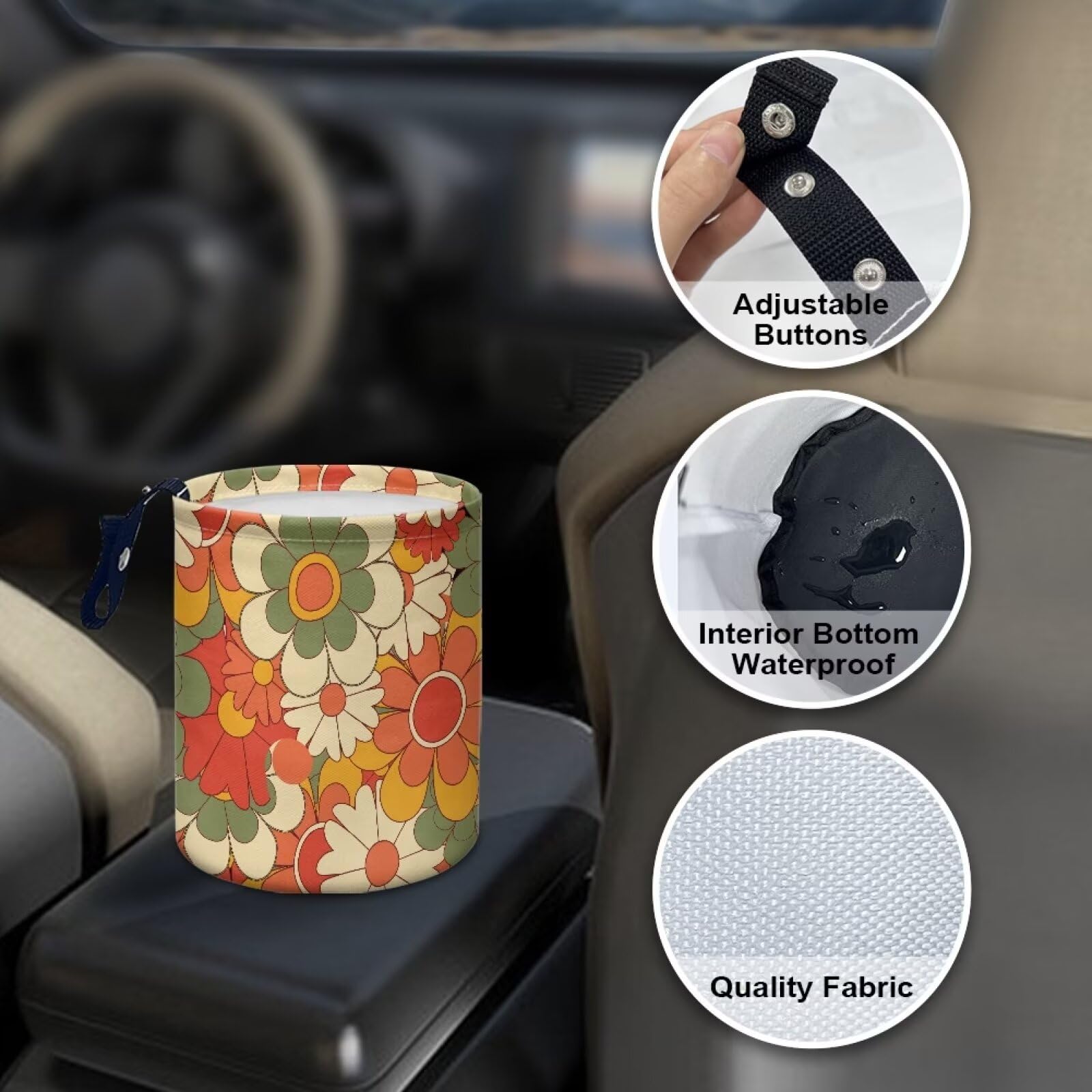Brosoneto Colorful Groovy Flower Print Portable Car Garbage Bin Reusable Collapsible Hanging Portable Dustbin Bin Waste Basket C