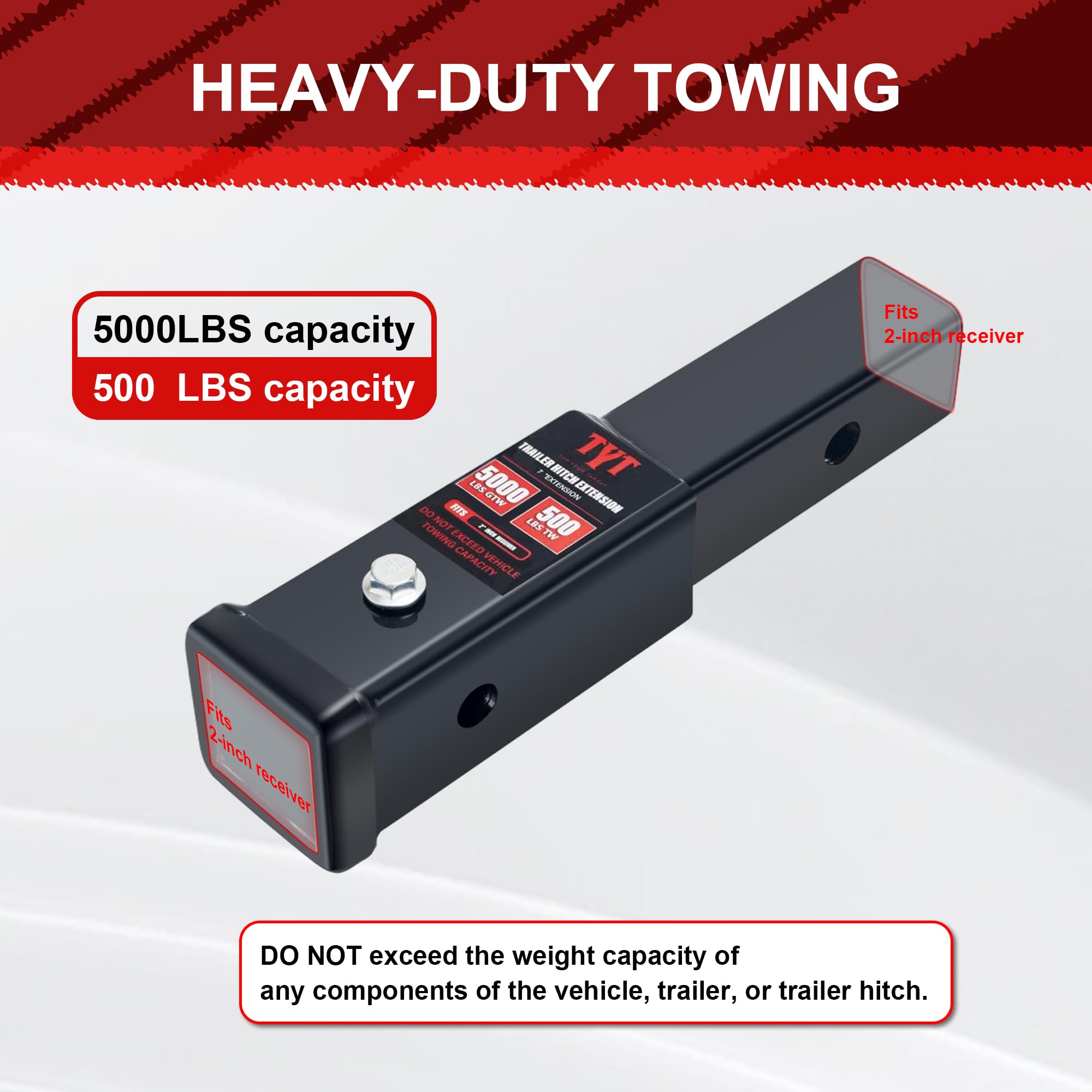 Tyt Trailer Hitch Tube Extender For 2 '' Receiver, 7 Inch Extension Length, With 5/8 Inch Pin And Clip, 5000 Lbs Gtw