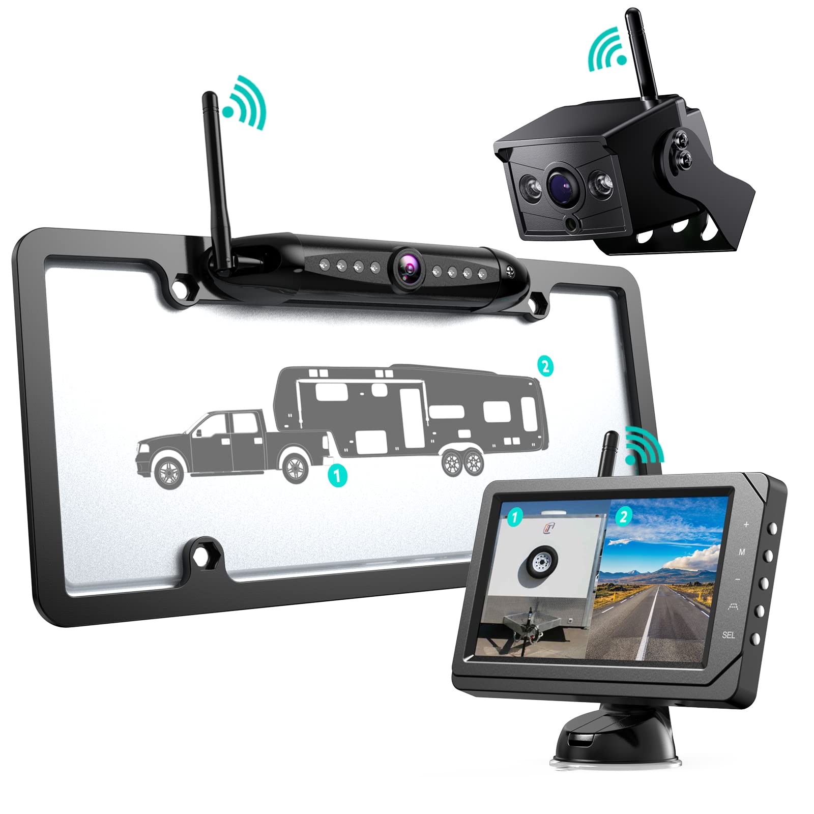 Nuoenx Backup Camera For Rv, Split Screen 5 Inch Hd Monitor W/Wireless License Plate Backup Camera & Wireless Rear View Camera, 