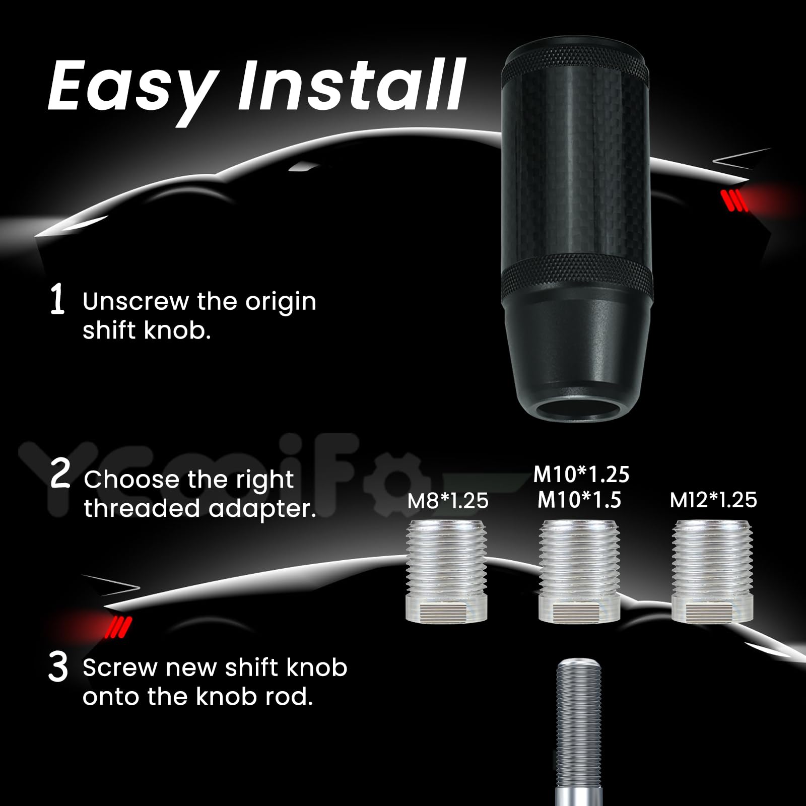 Ycooifo Carbon Fiber Shift Knob For Universal Automatic And Manual Cars, 3.78' Stick Shifter Knobs, With 4 Alloy Adapters M8 M10 M12 X 1.25, M10X1.5 (Black)