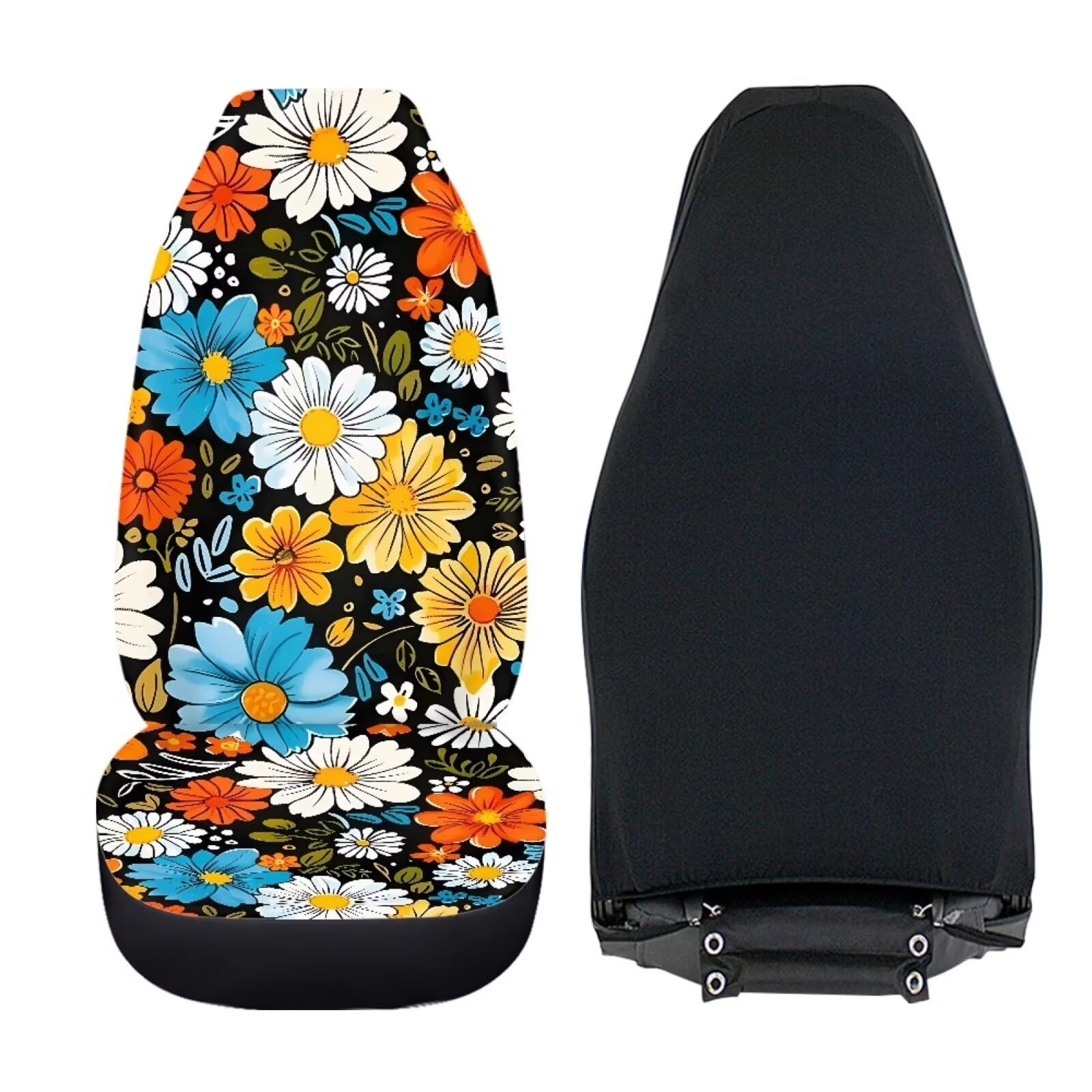 Bigcarjob Hippie Daisy Car Seat Cover Set For Front Seat Only,2 Pack Blossom Flower Printed Auto Front Seat Protector Saddle Bla