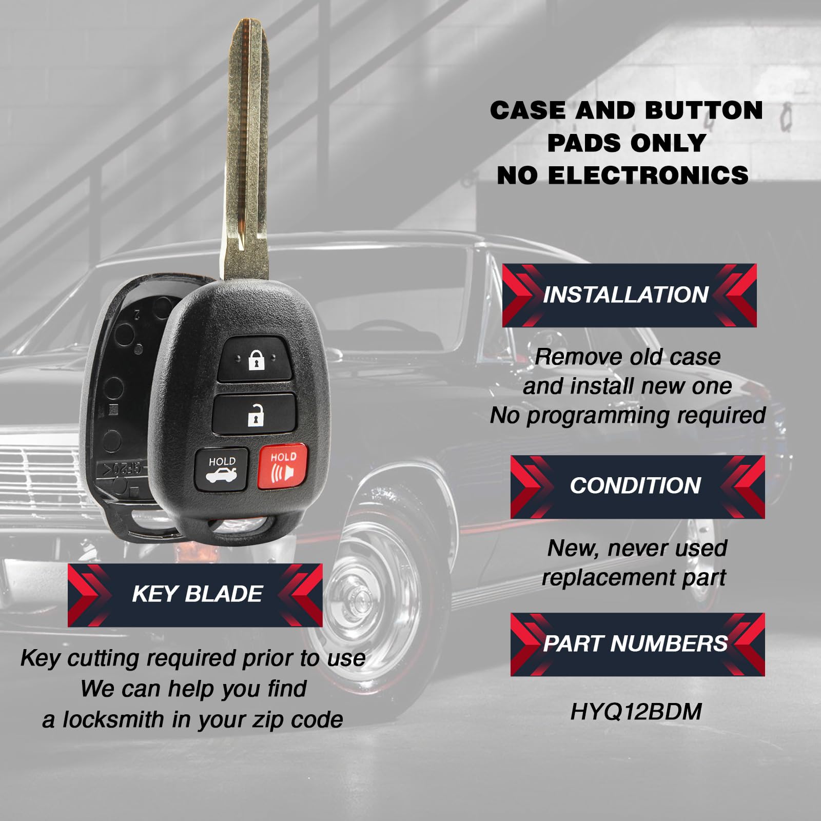Key Fob Shell Fits 2012-2017 Toyota Camry / 2014-2017 Toyota Corolla Rav4 Highlander Keyless Entry Remote Case & Pad (Hyq12Bdm)