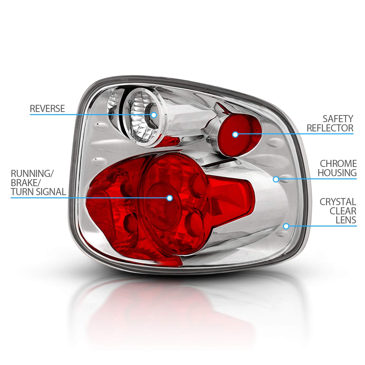 Amerilite For 2001-2003 Ford F-150 Flareside Euro Chrome Replacement Tail Lights Brake Lamp Pair - Passenger And Driver Side