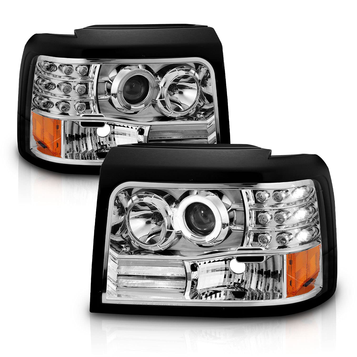 Amerilite Chrome Projector Halogen Car Headlights Halo For Ford F-150/F-250/Bronco - Passenger And Driver Side, Vehicle Light As