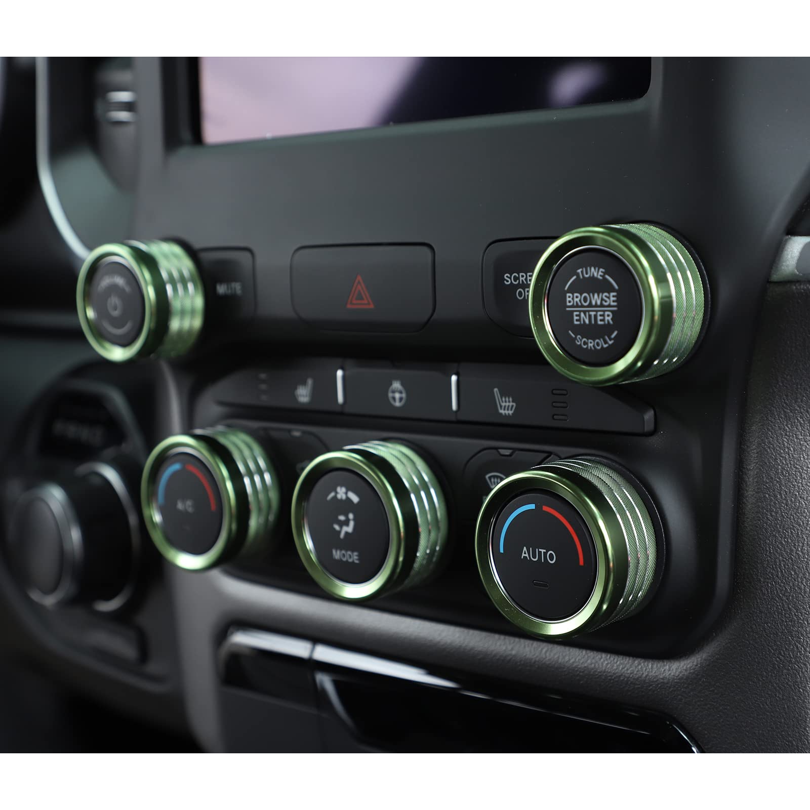 Voodonala for Dodge RAM Aluminum Center Console AC Radio Switch Knob Cover for 2018-2025+ RAM, 5pcs Green