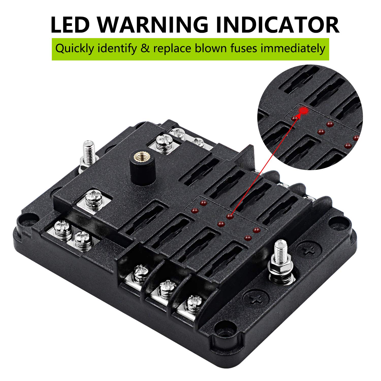 6 Way Fuse Block W/Negative Bus - Atc/Ato 6 Circuit Fuse Box With Ground, With Negative Bus & Protection Cover, Bolt Connect Ter