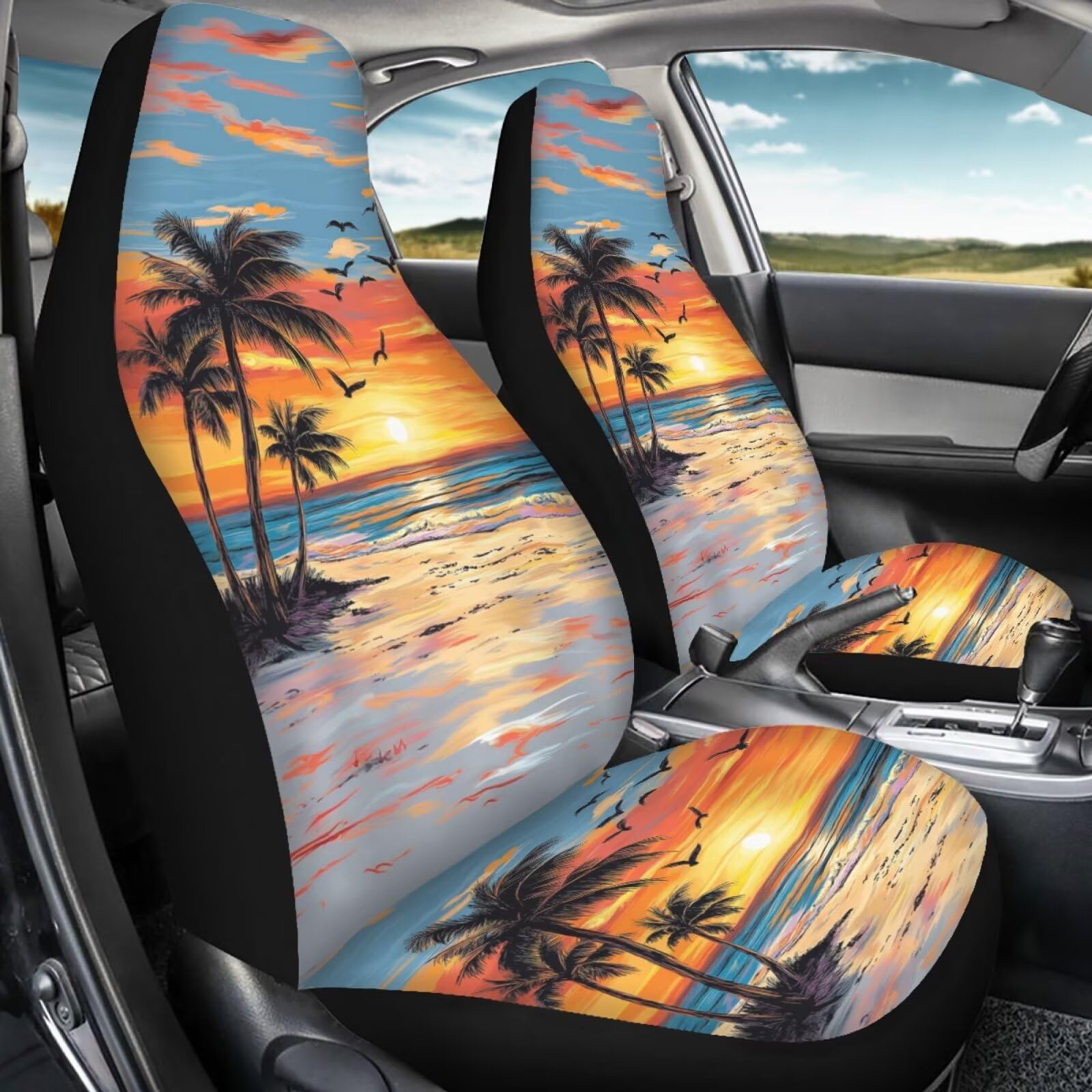 Bigcarjob Hawaii Car Seat Cover Set For Front Seat Only Seat Covers For Car, Dusk Palm Auto Front Seat Protector Full Set Car In