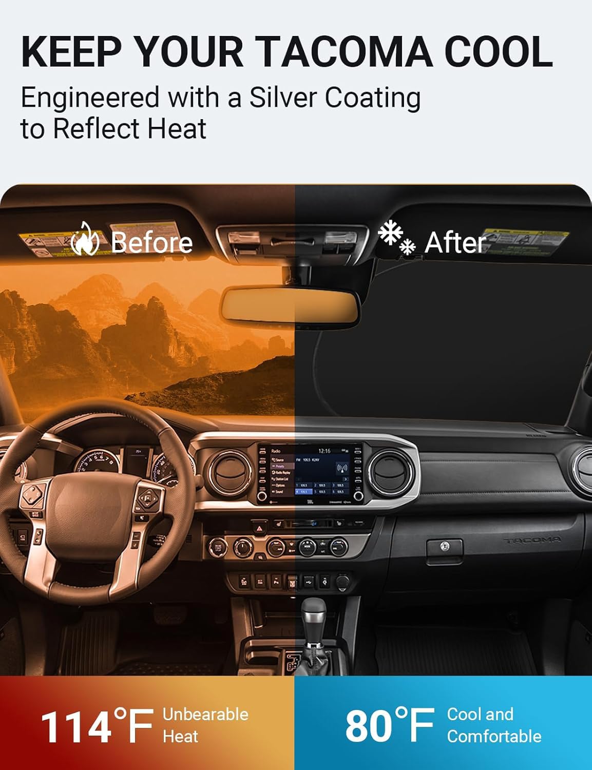 Proadsy 2025 Upgrade Front Windshield Sun Shade Foldable Sunshade Protector Custom Fit 2016-2024 2025 Toyota Tacoma 2Dr 4Dr Pickup Accessories