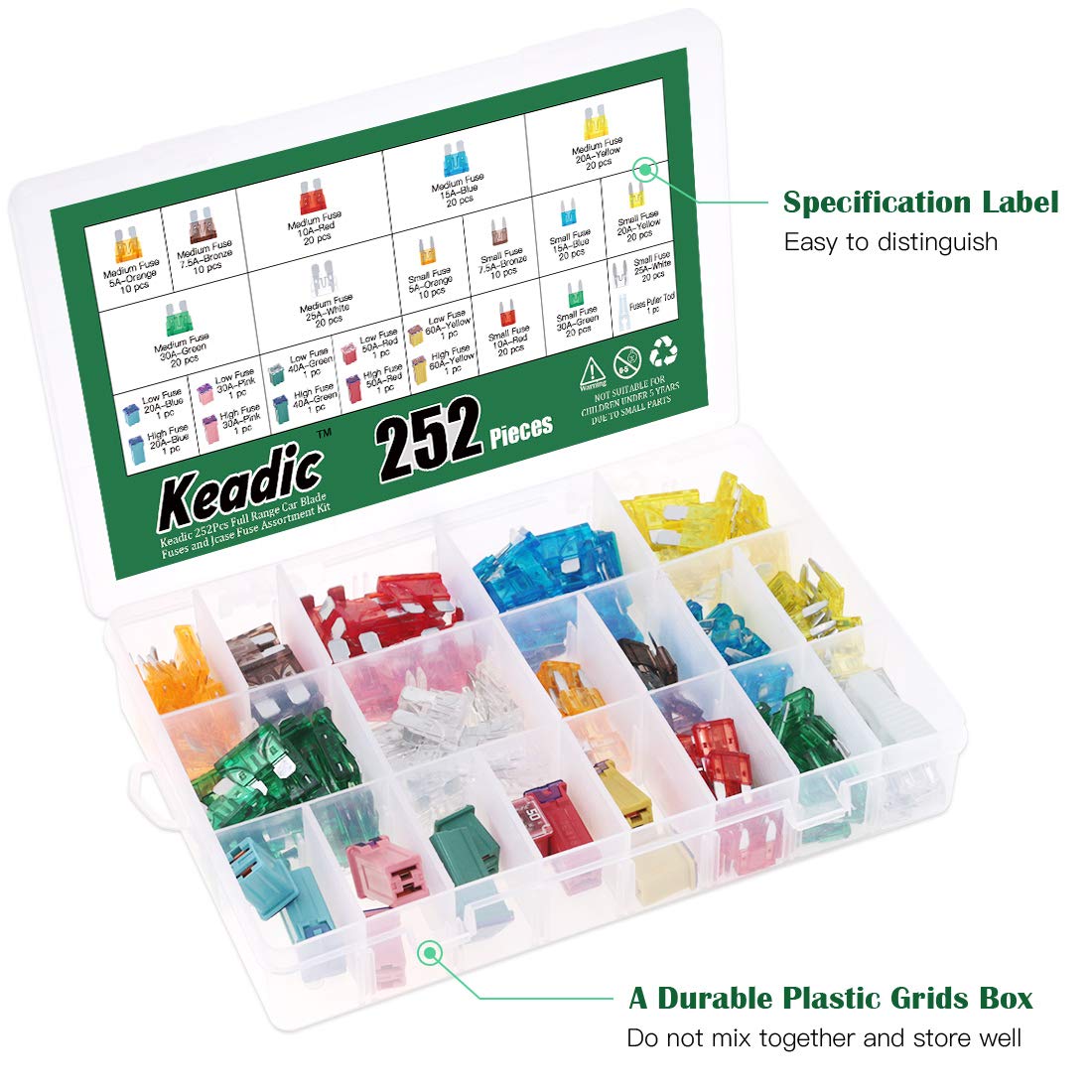 Keadic 252Pcs Full Range Car Blade Fuses Assortment Kit, Automotive Assorted Fuses With A Puller Tool For Ford Chevy/Gm Nissan A