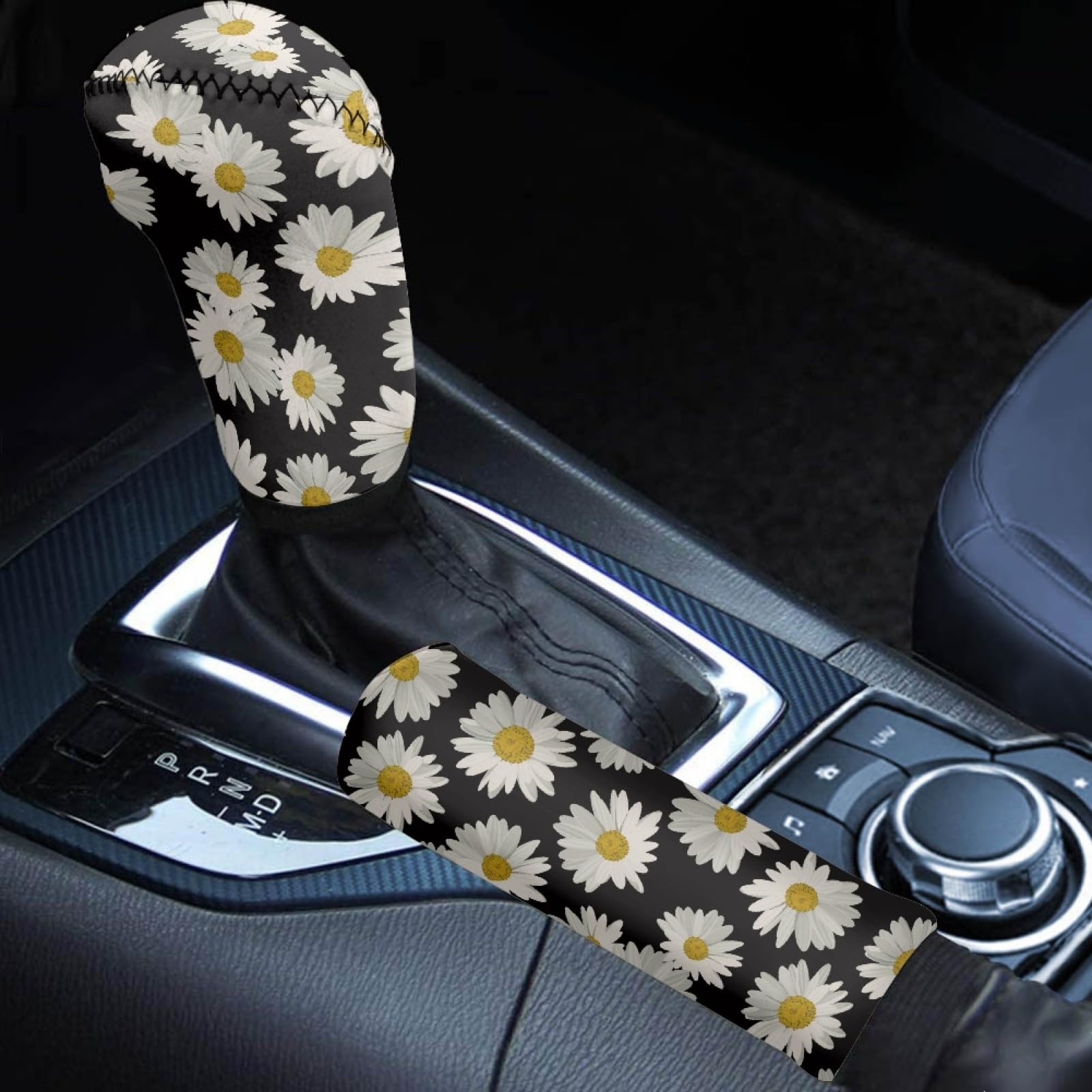 Babrukda Elegant White Daisy Print Handbrake Cover Gear Shift Knob Cover Set Universal Case Sleeve Hand Protector For Car Auto S