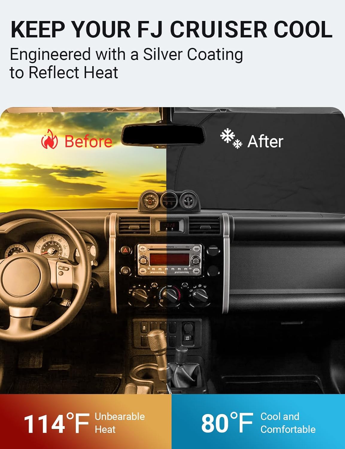 Proadsy Front Windshield Sun Shade Foldable Sunshade Protector Custom Fit 2007-2014 Toyota FJ Cruiser Sport Utility Accessories