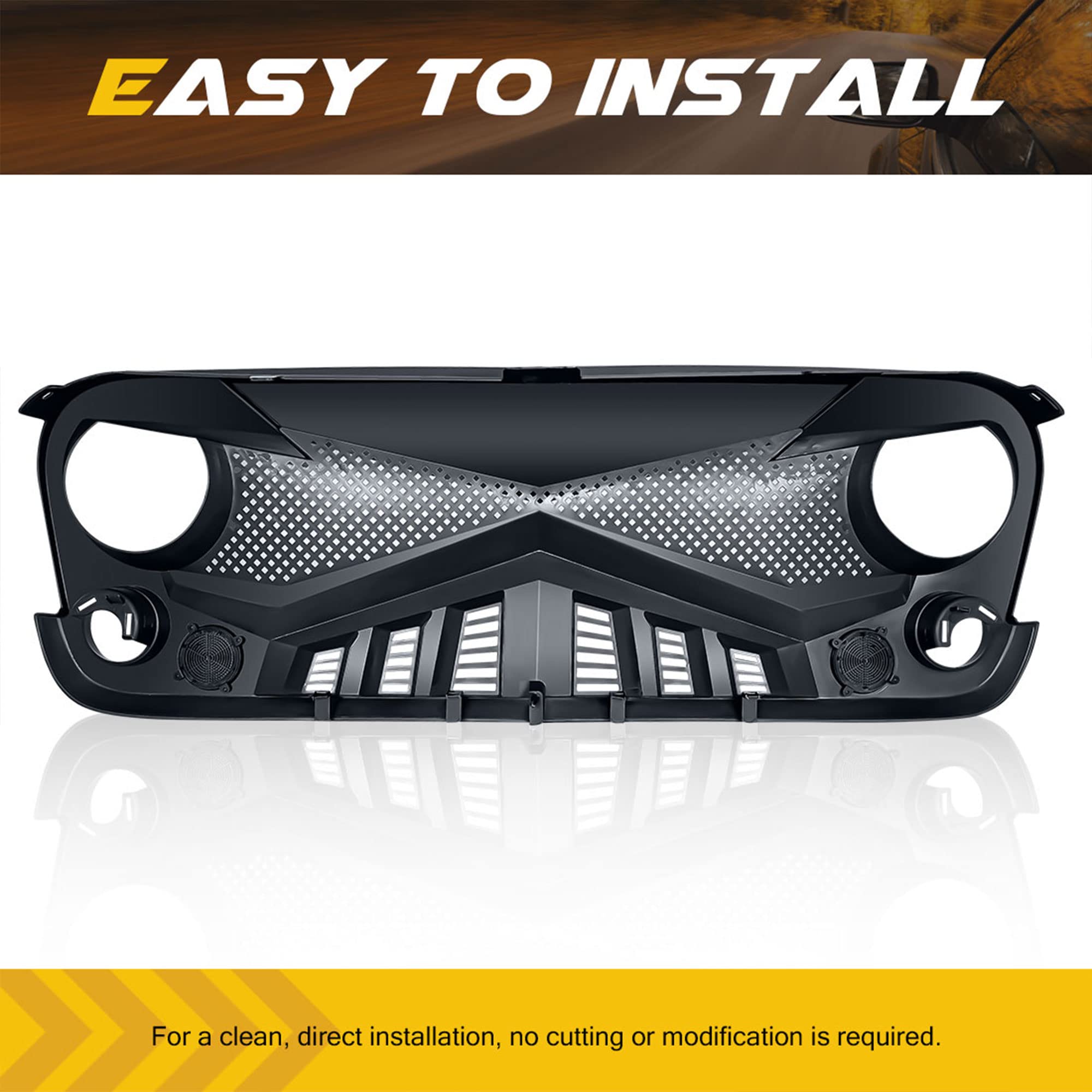American Modified Hawke Easy Installation Aggressive Front Grille Cover For 2007 To 2018 Jeep Wrangler Jk, Glossy Black