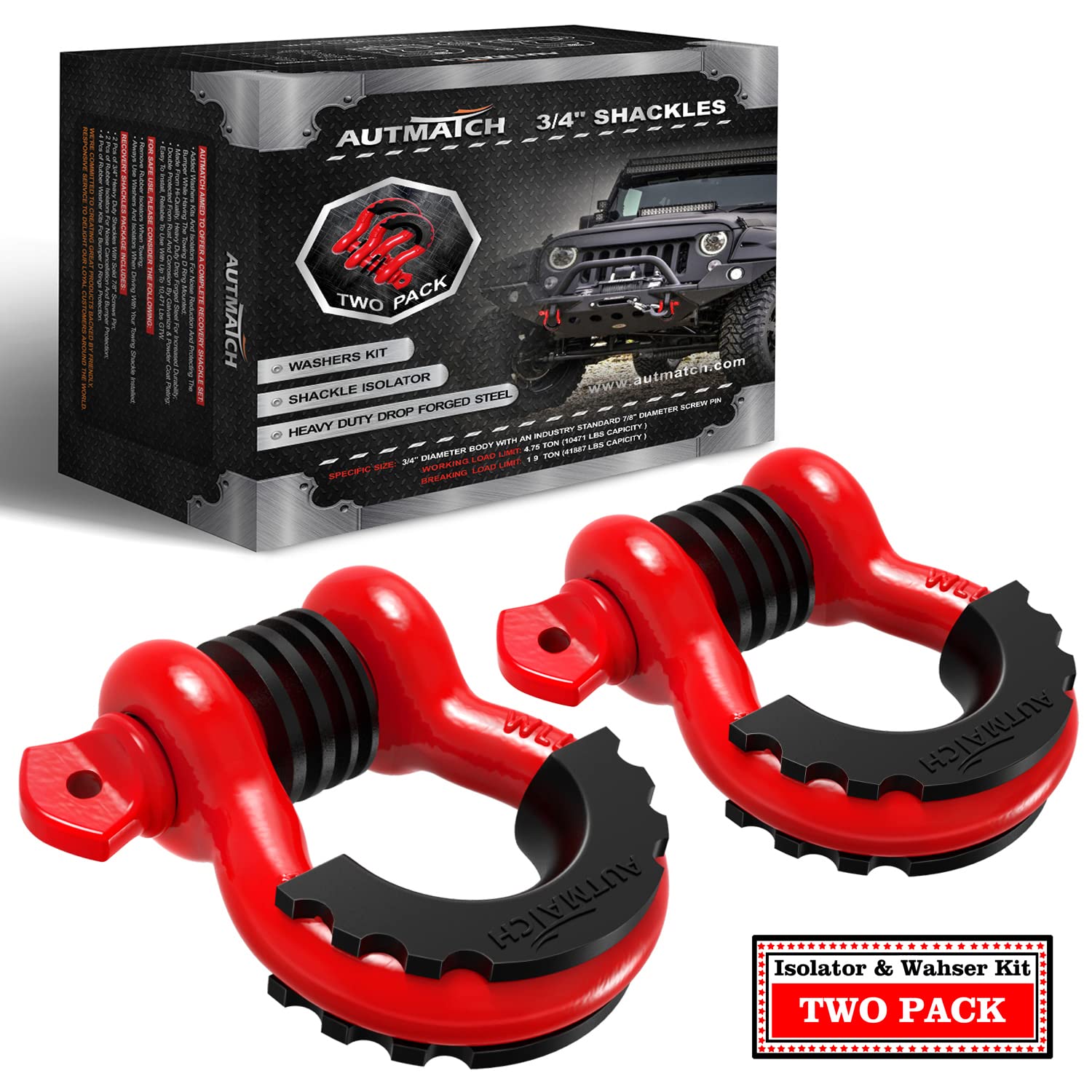 AUTMATCH D Ring Shackle 3/4 Shackles (2 Pack) 41,887Ibs Break Strength - Clevis Shackles with 7/8 Screw Pin and Shackle Isolator