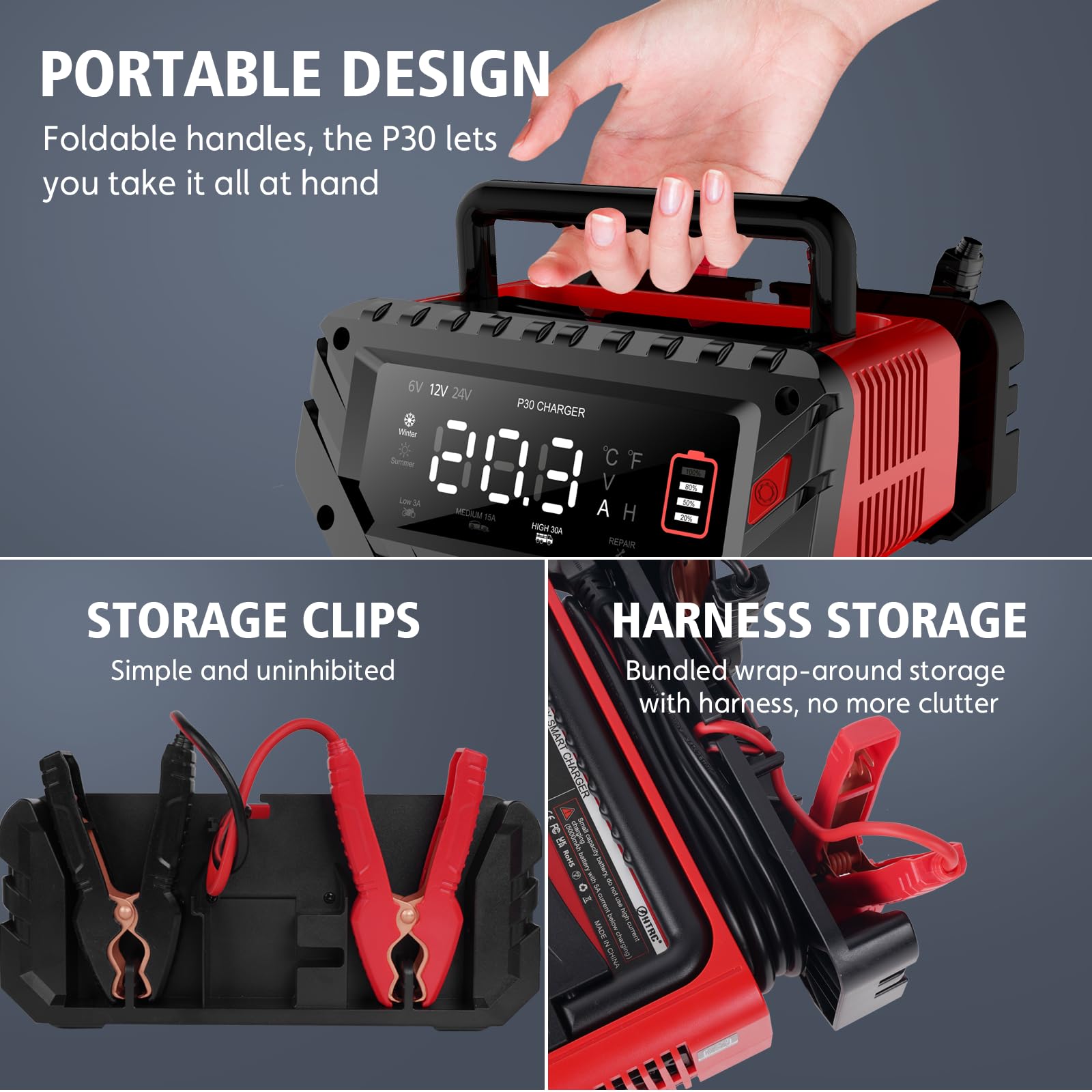 30 Amp Lithium Battery Charger,6V/12V/24V Lifepo4,Lead-Acid(Agm/Gel/Sla..) Portable Car Battery Charger,Battery Maintainer, Smar